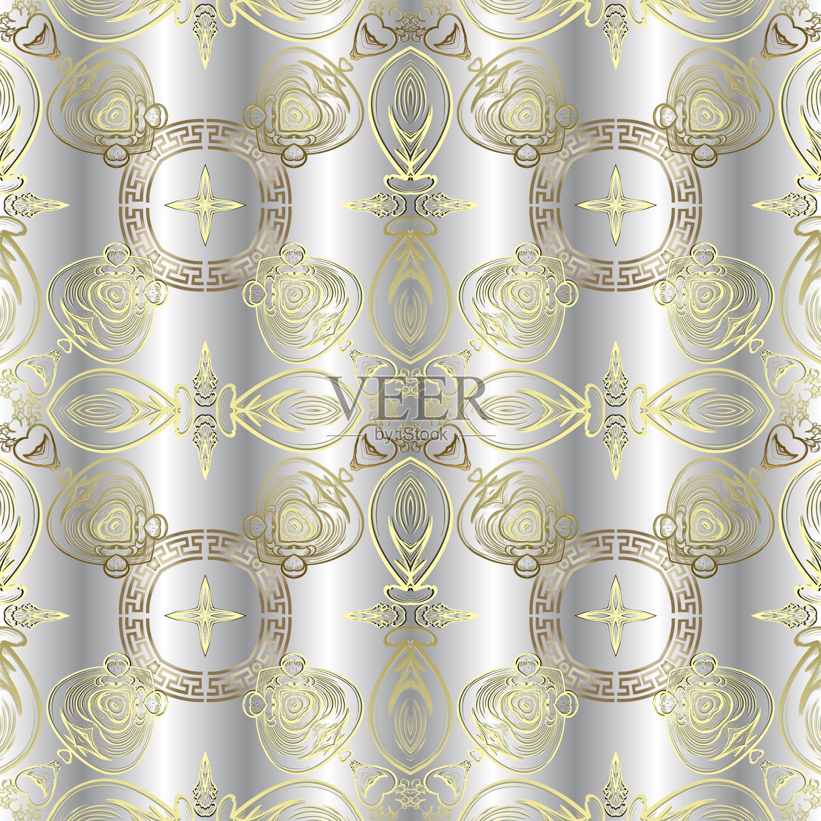 华丽复古巴洛克风格的希腊矢量无缝图案。表面窗帘装饰银色背景。白色重复豪华背景。希腊键曲几何装饰。线aer窗饰设计插画图片素材