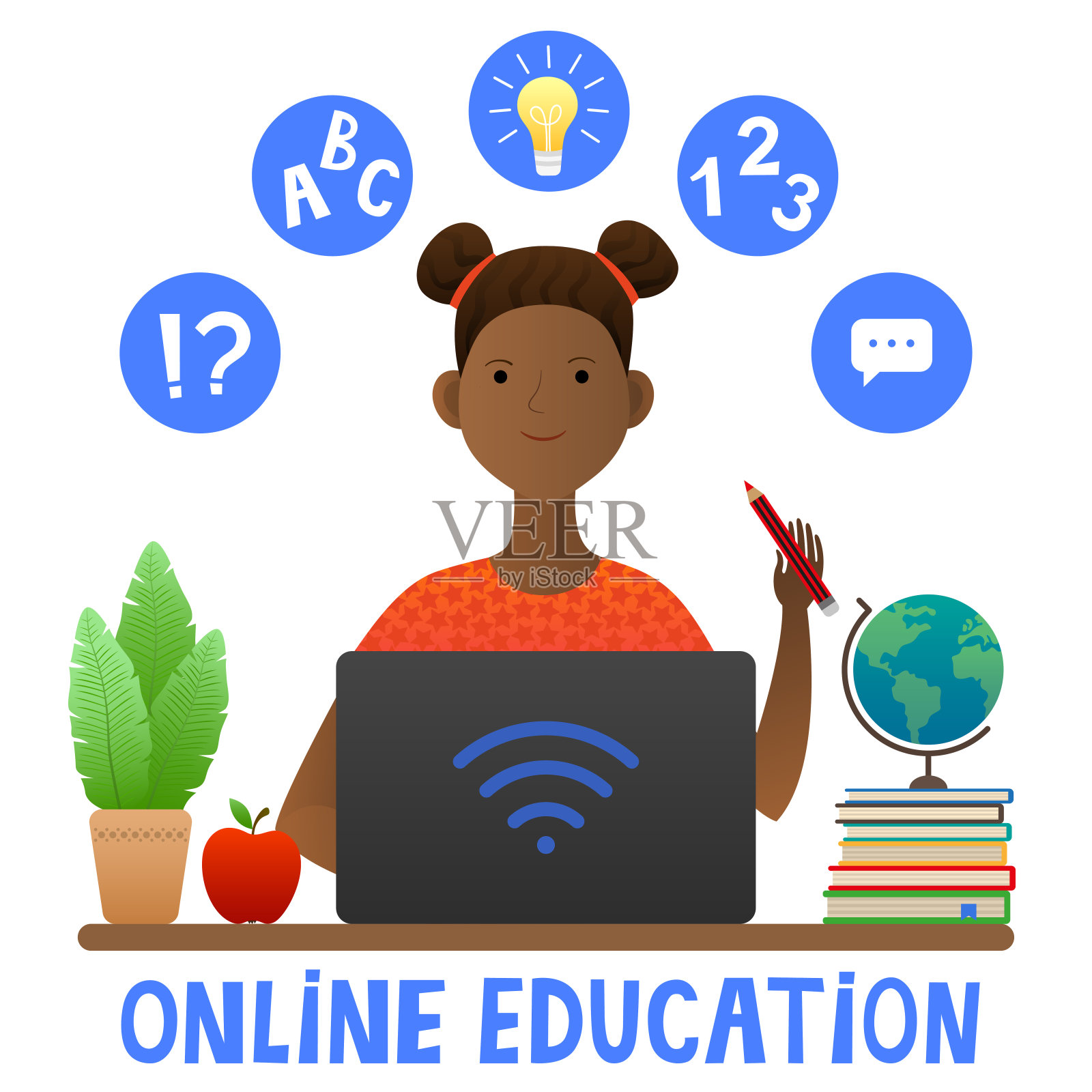 在线学习。非裔美国女孩在电脑前。插画图片素材