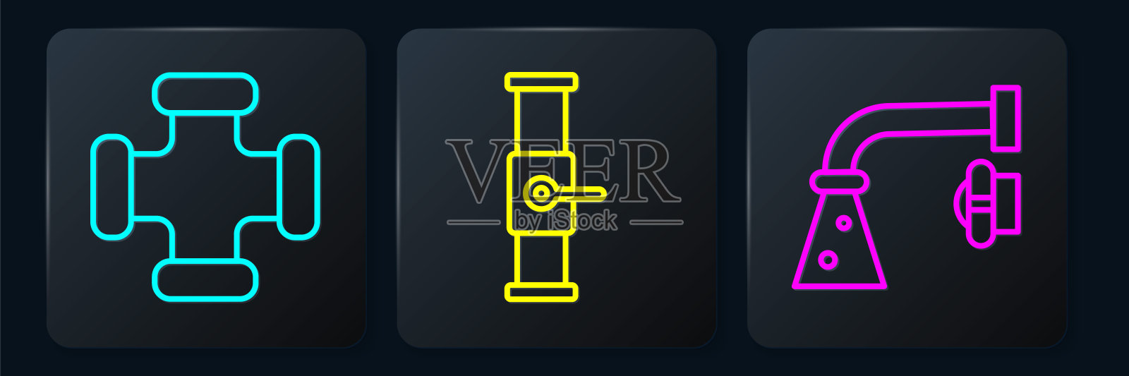 设有工业金属管、自来水龙头及工业管道及阀门。黑色方形按钮。向量插画图片素材