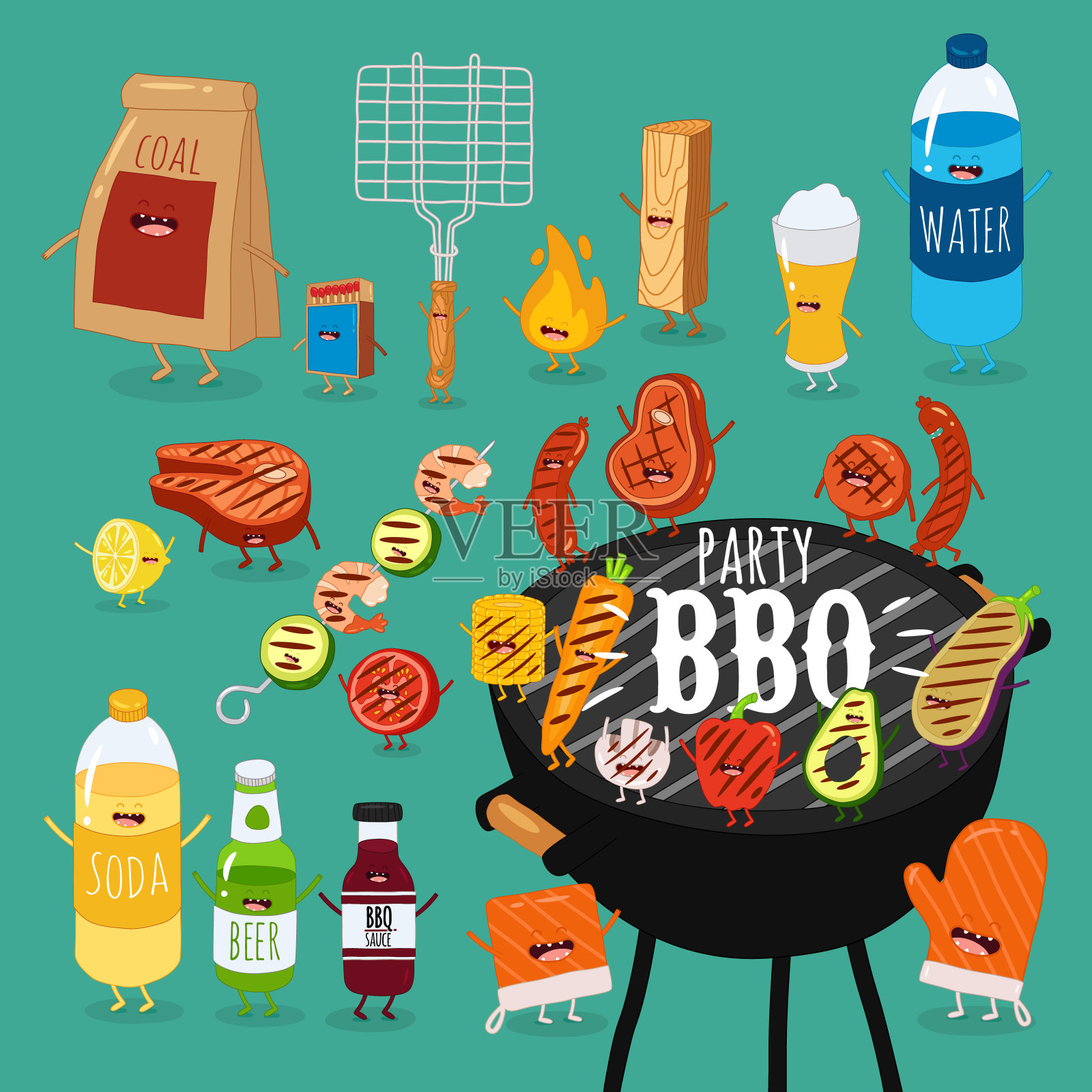 蒙加尔食品木炭烧烤套装。矢量插图。插画图片素材