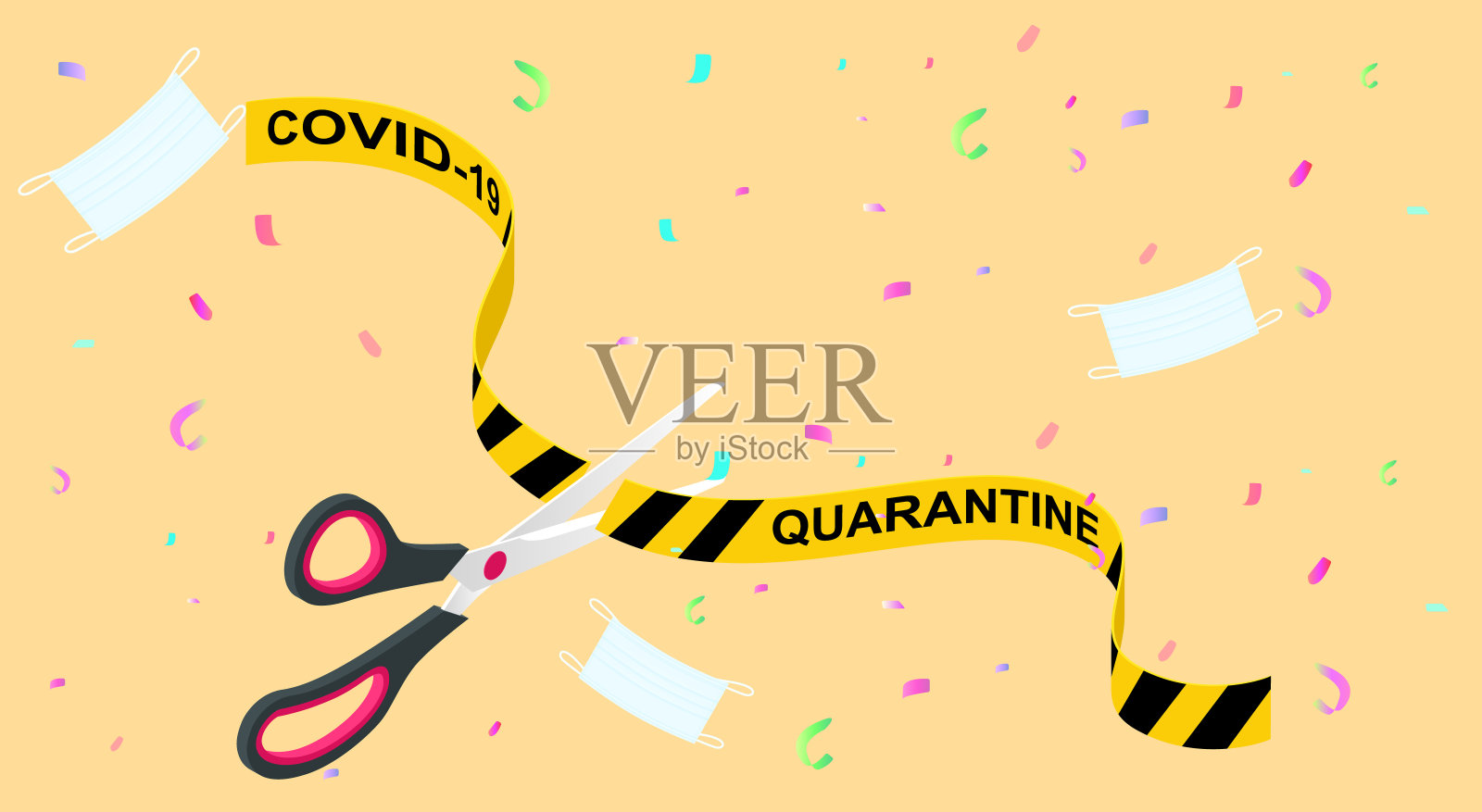 隔离结束了，冠状病毒结束了。封锁结束铭文、冠状病毒隔离结束、大流行超越等距概念设计模板素材