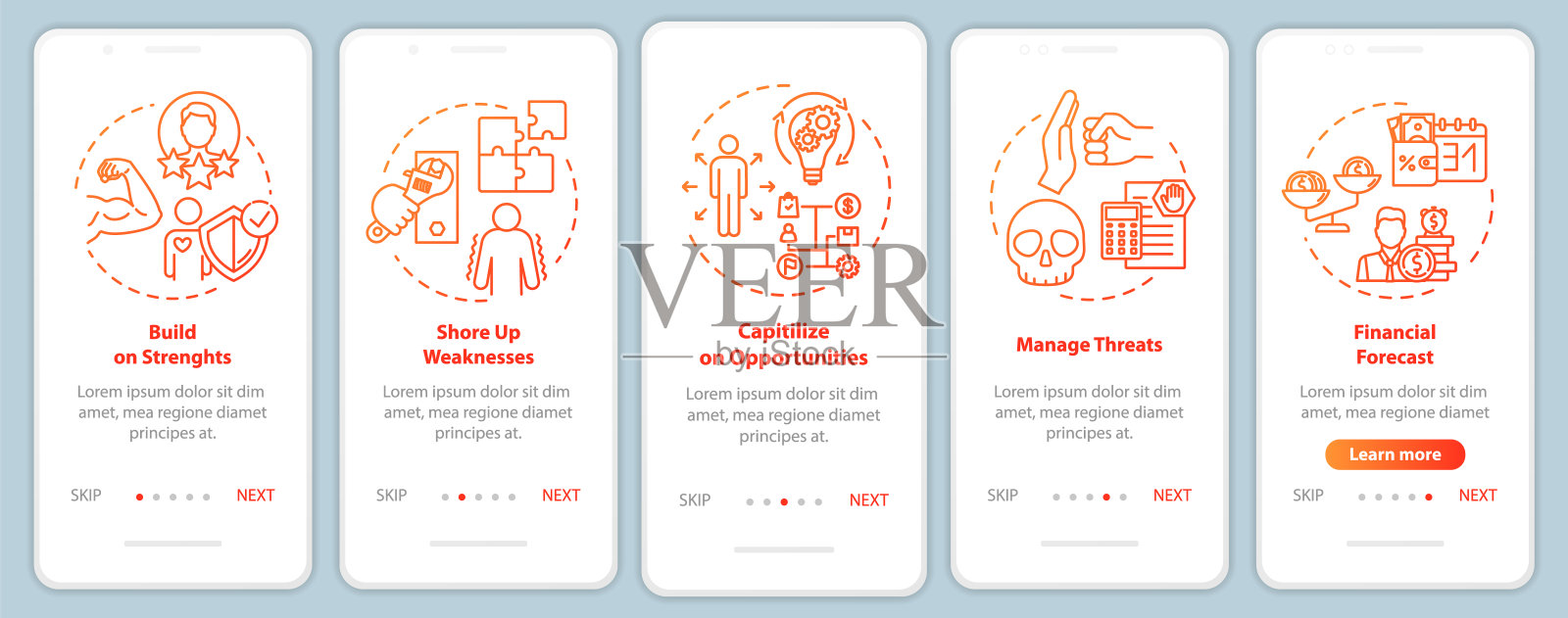 用概念构建手机应用页面。提高性能。管理演练5步图形说明。UI矢量模板与RGB颜色的插图设计模板素材