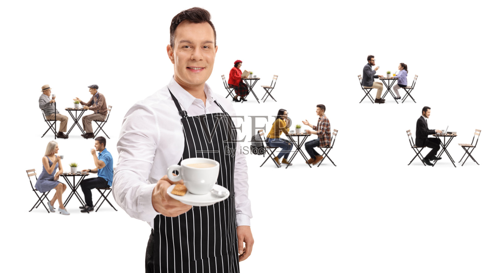 在咖啡馆里，侍者端着一杯咖啡，桌上有年轻人和老年人照片摄影图片