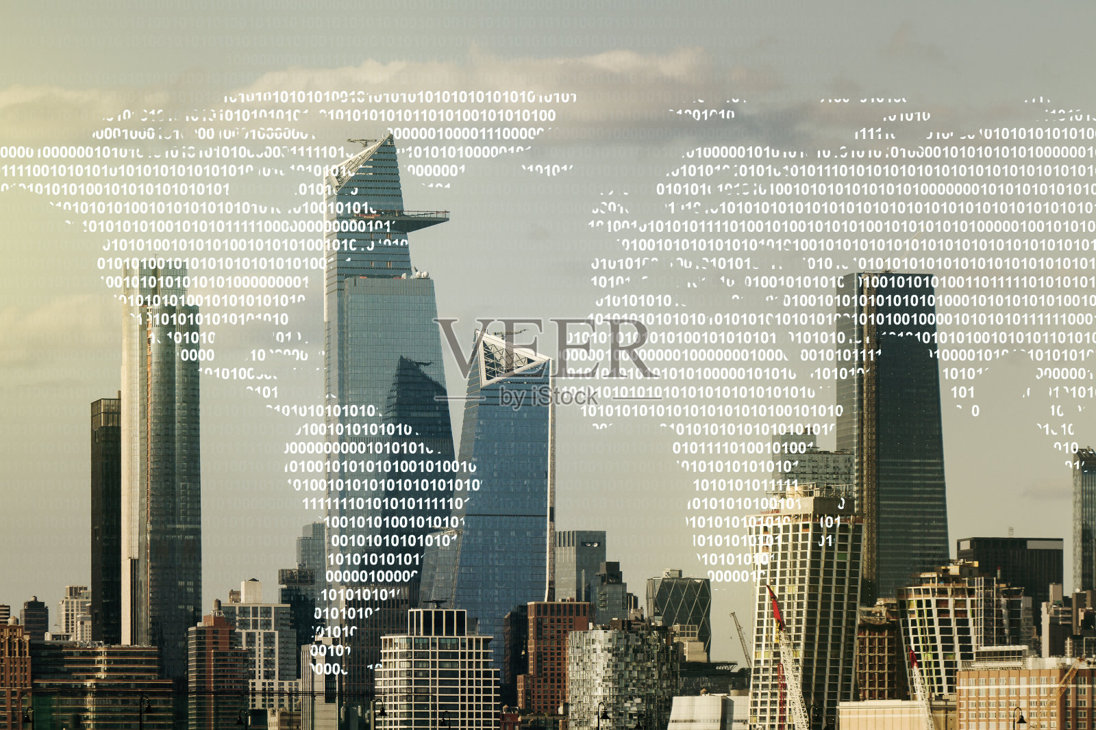 双重曝光抽象数字世界地图的纽约摩天大楼的背景，研究和战略概念照片摄影图片