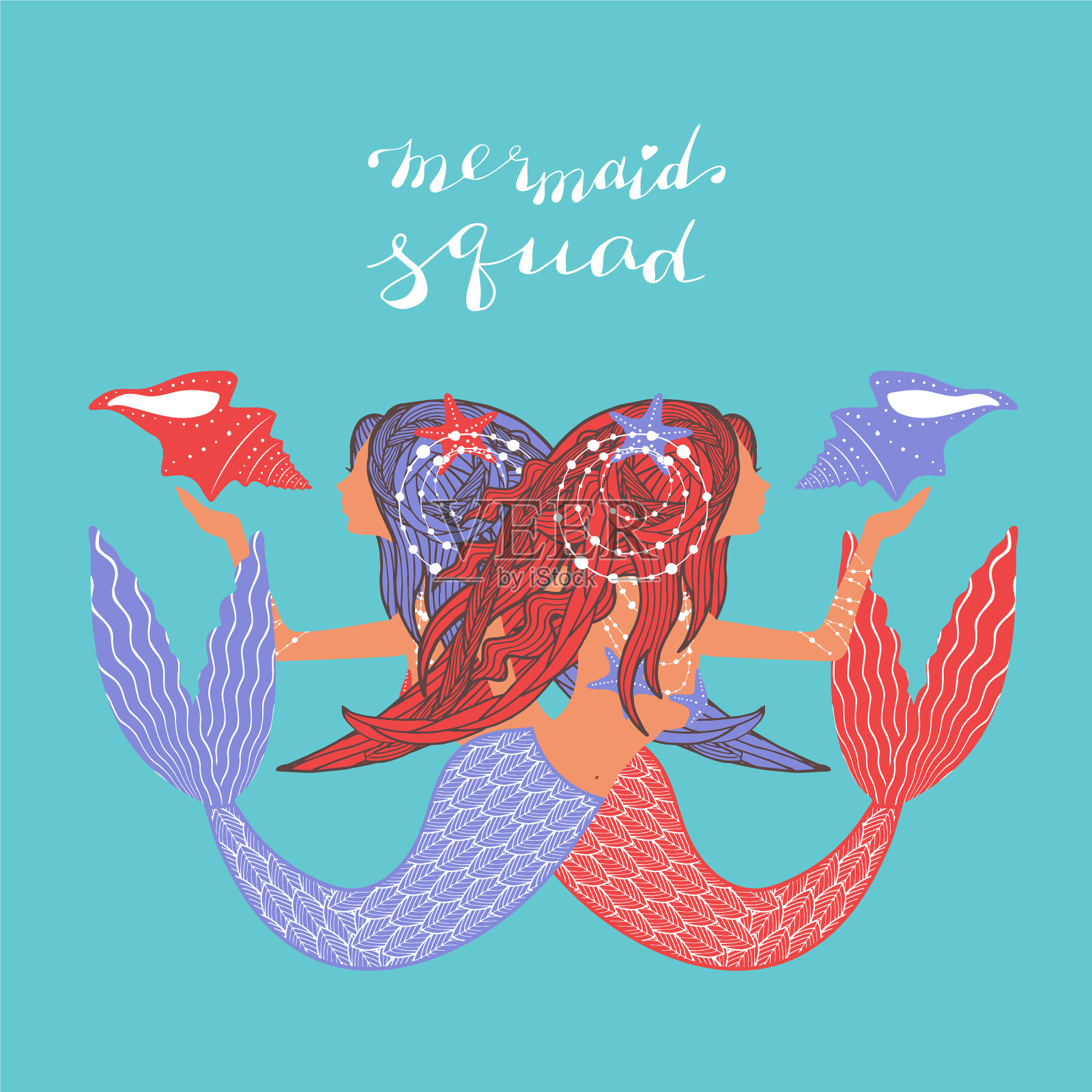 手绘美人鱼与手写字母插画图片素材