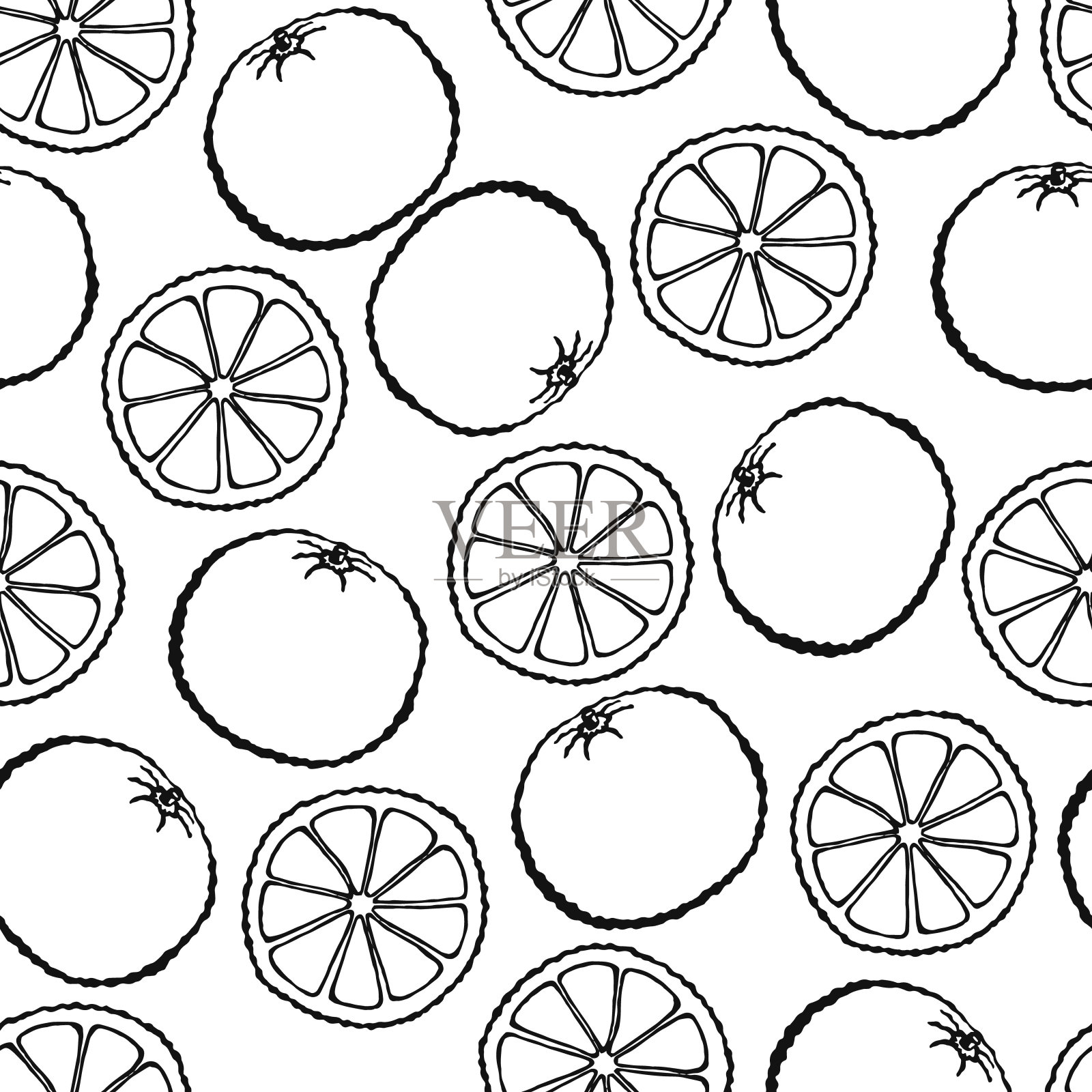 无缝模式与手绘水果元素橙色。素食壁纸。用于设计包装、纺织品、背景、设计明信片和海报。插画图片素材