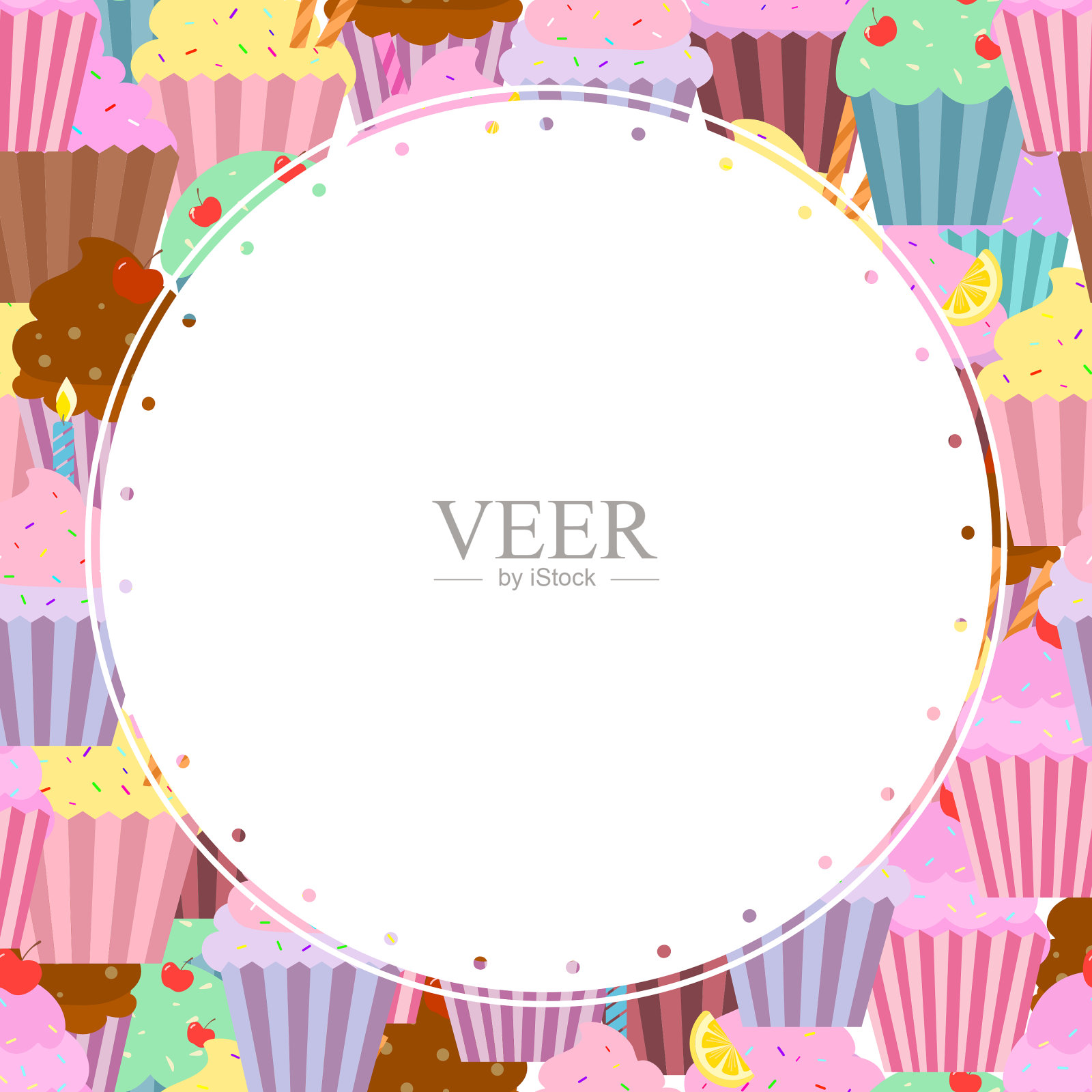 甜美的纸杯蛋糕背景与圆形框架。插画图片素材