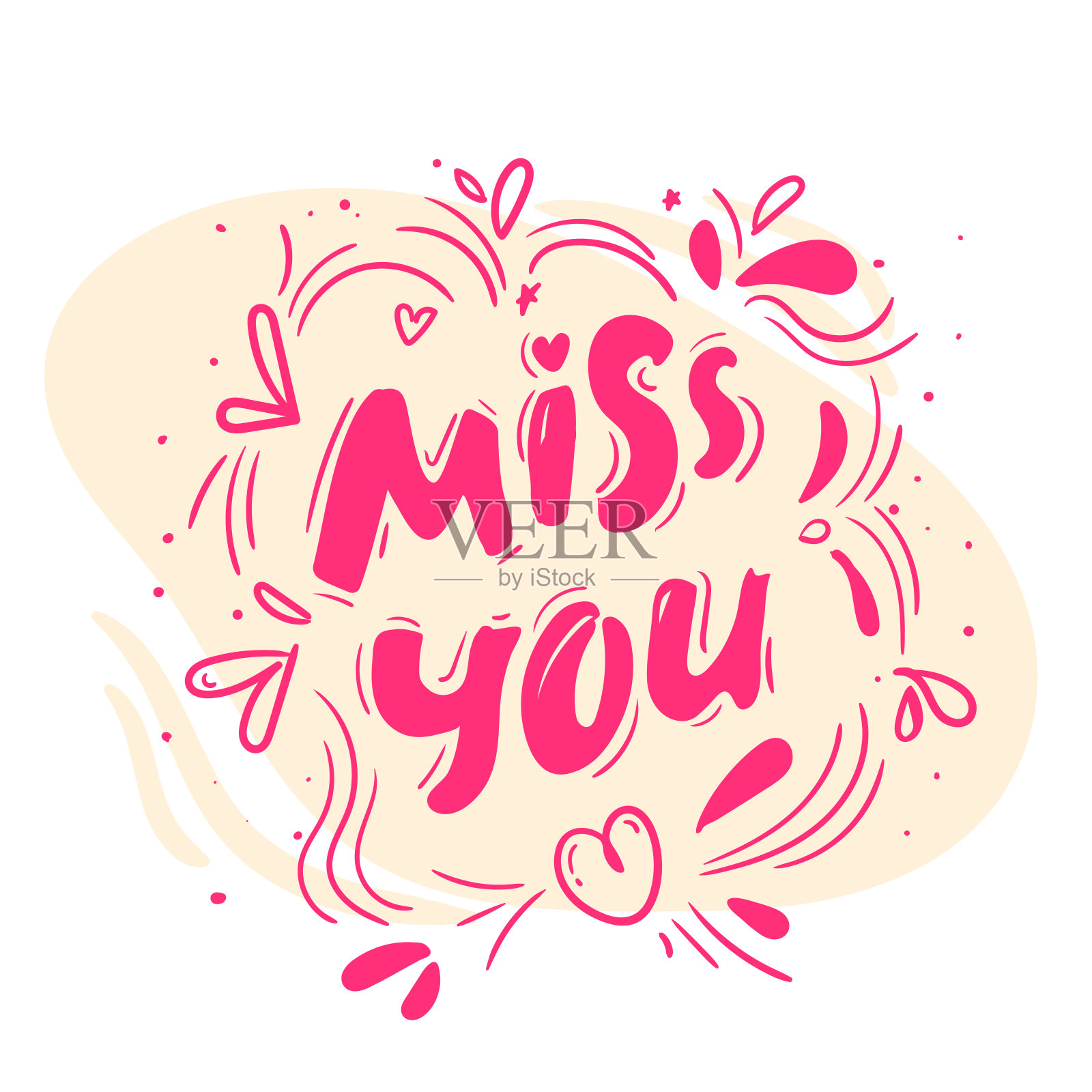 手绘矢量字母海报：想你文字，现代笔刷书法插画图片素材