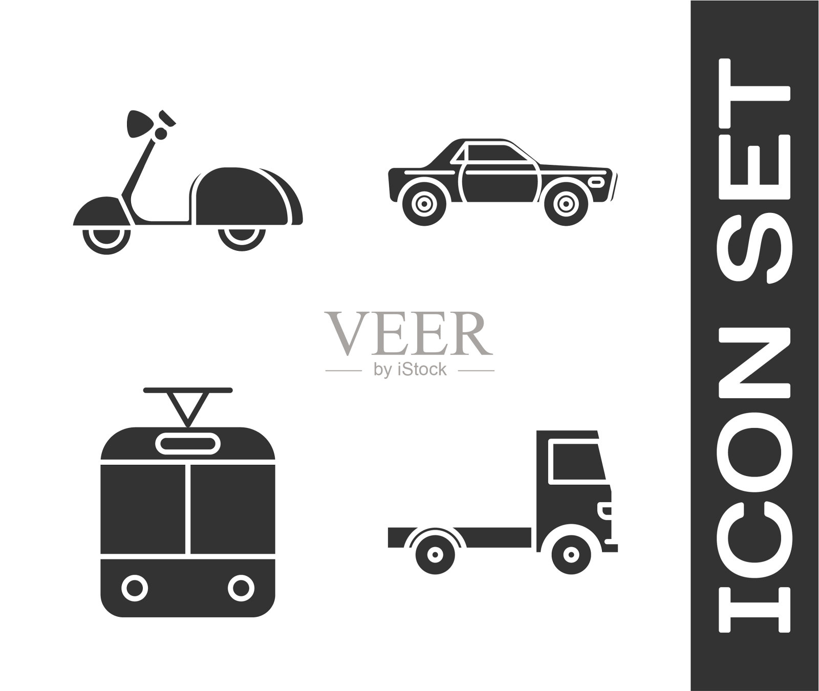 集送货货车、滑板车、有轨电车图标素材