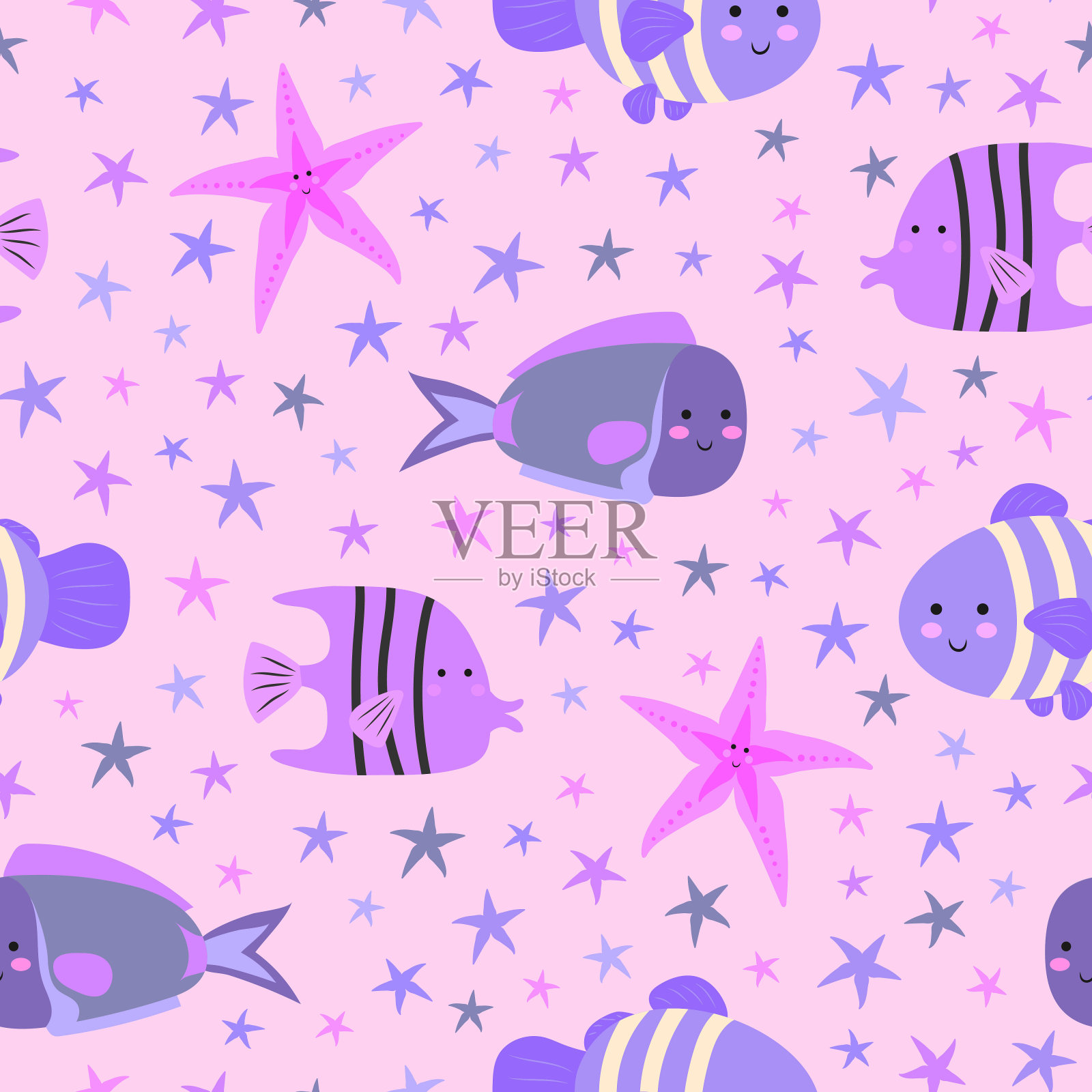 海鱼和海星。可爱的卡通海洋动物。无缝模式插画图片素材