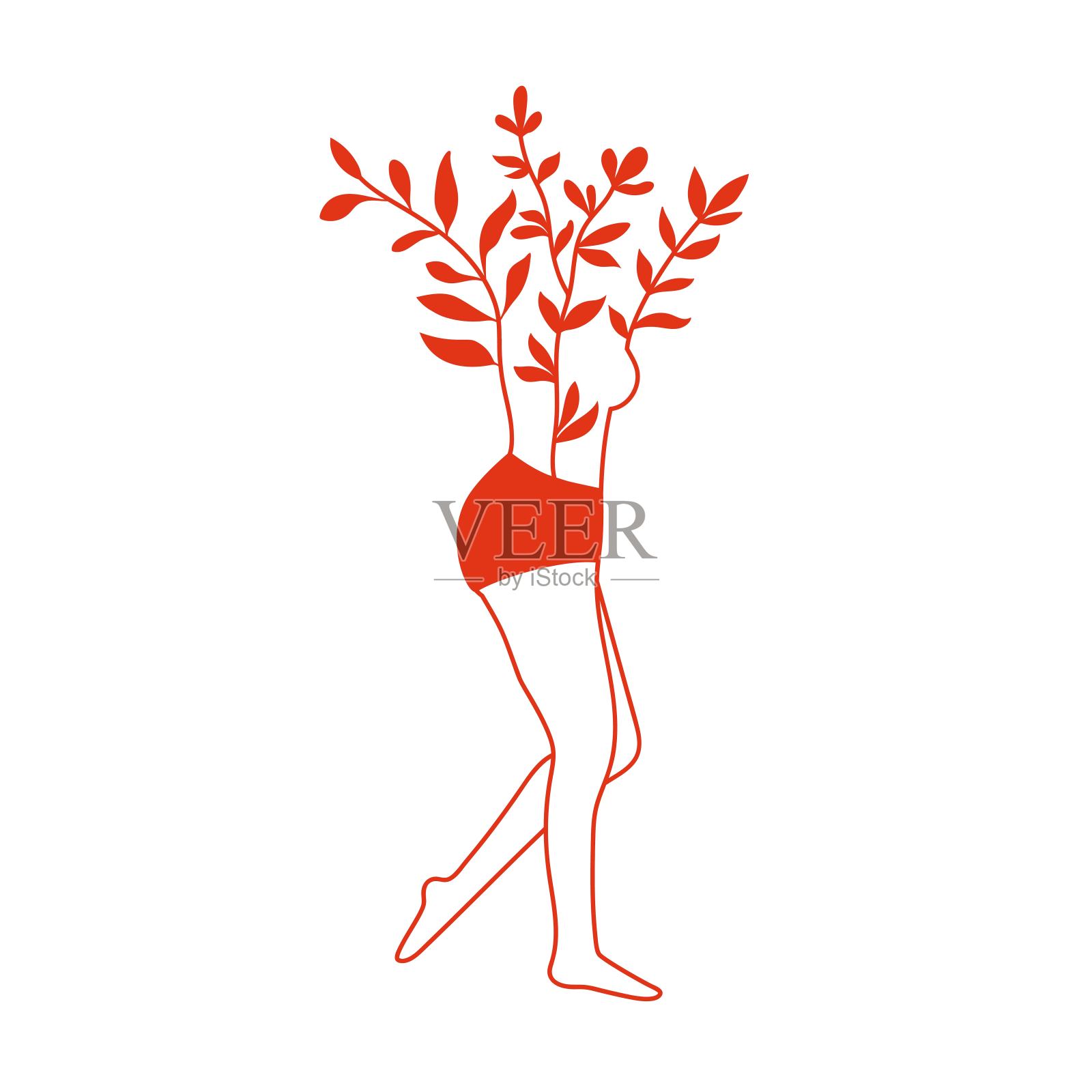 抽象矢量插图与女性身体和树枝与红叶插画图片素材