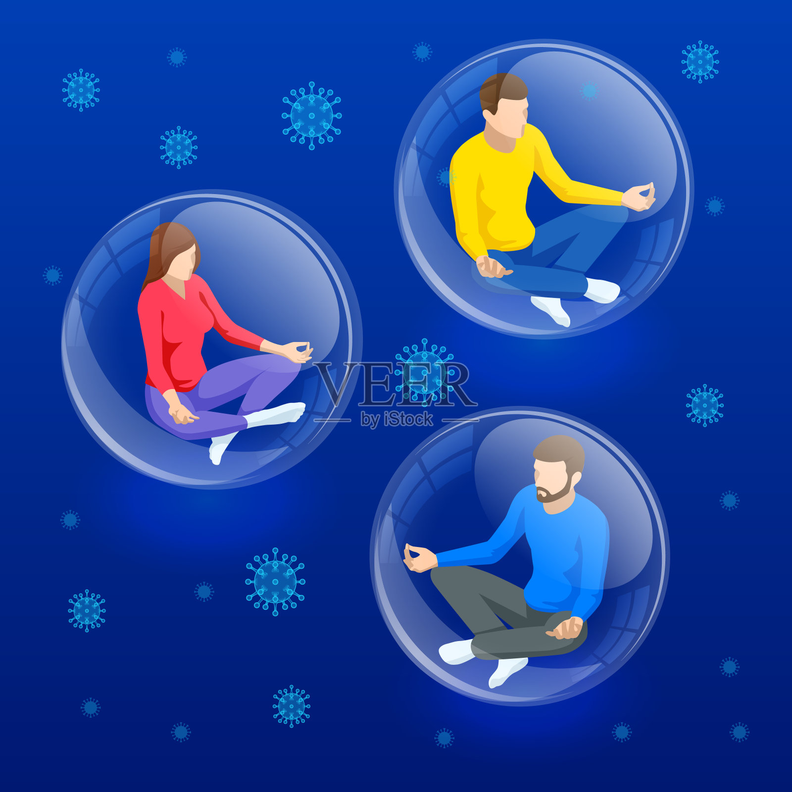 等距冠状病毒自我隔离概念。在家的隔离期自我隔离待在家里自我隔离居家隔离。插画图片素材