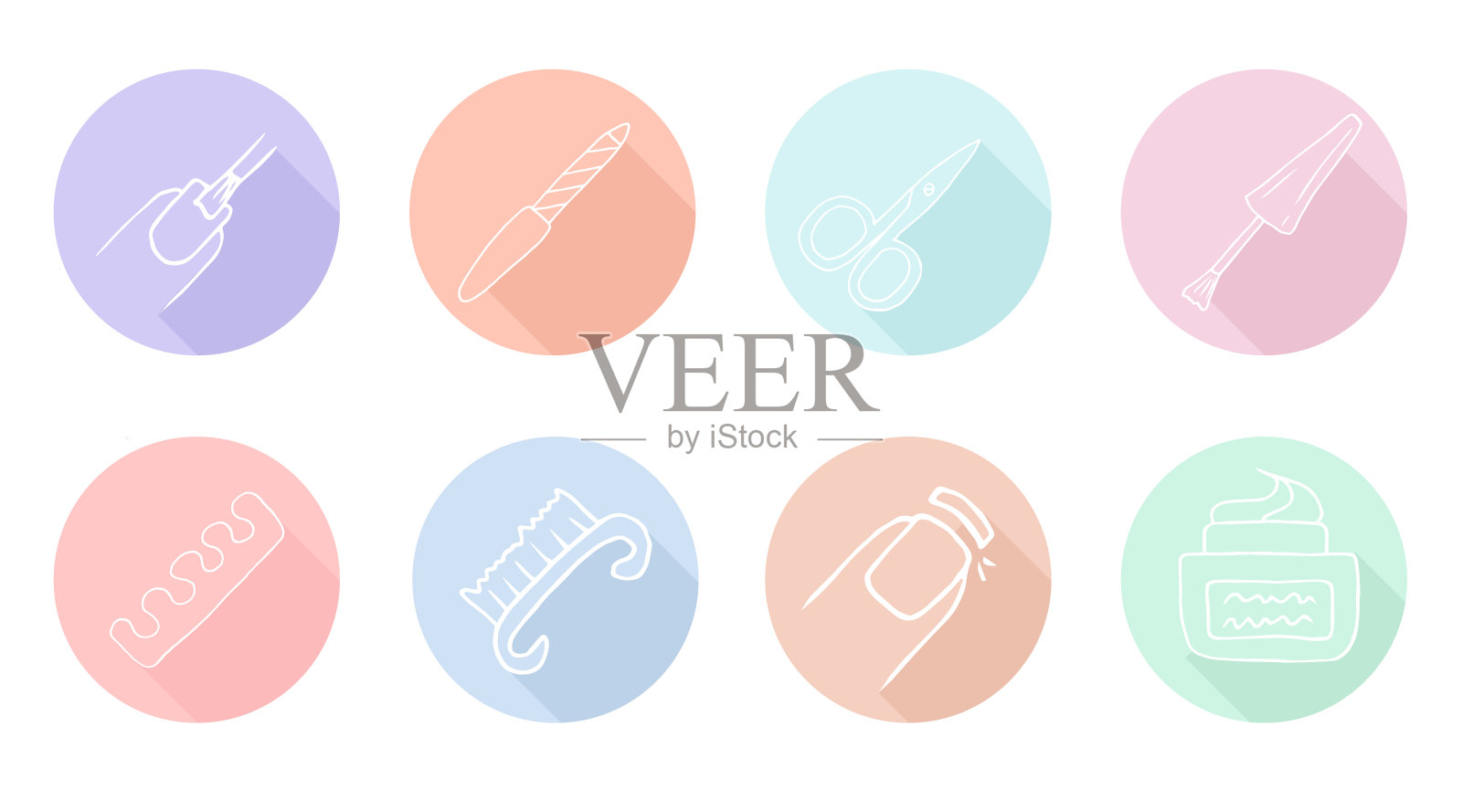 美甲和足疗图标。简单的向量集。包含指甲锉，剪刀，刷子等标志。美丽的简单的图标。插画图片素材