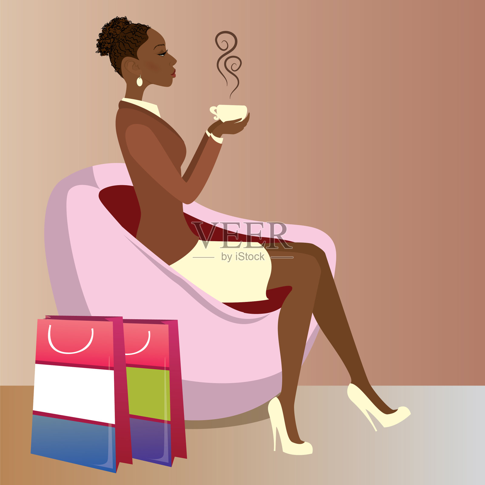一位非裔美国女士正在喝咖啡插画图片素材