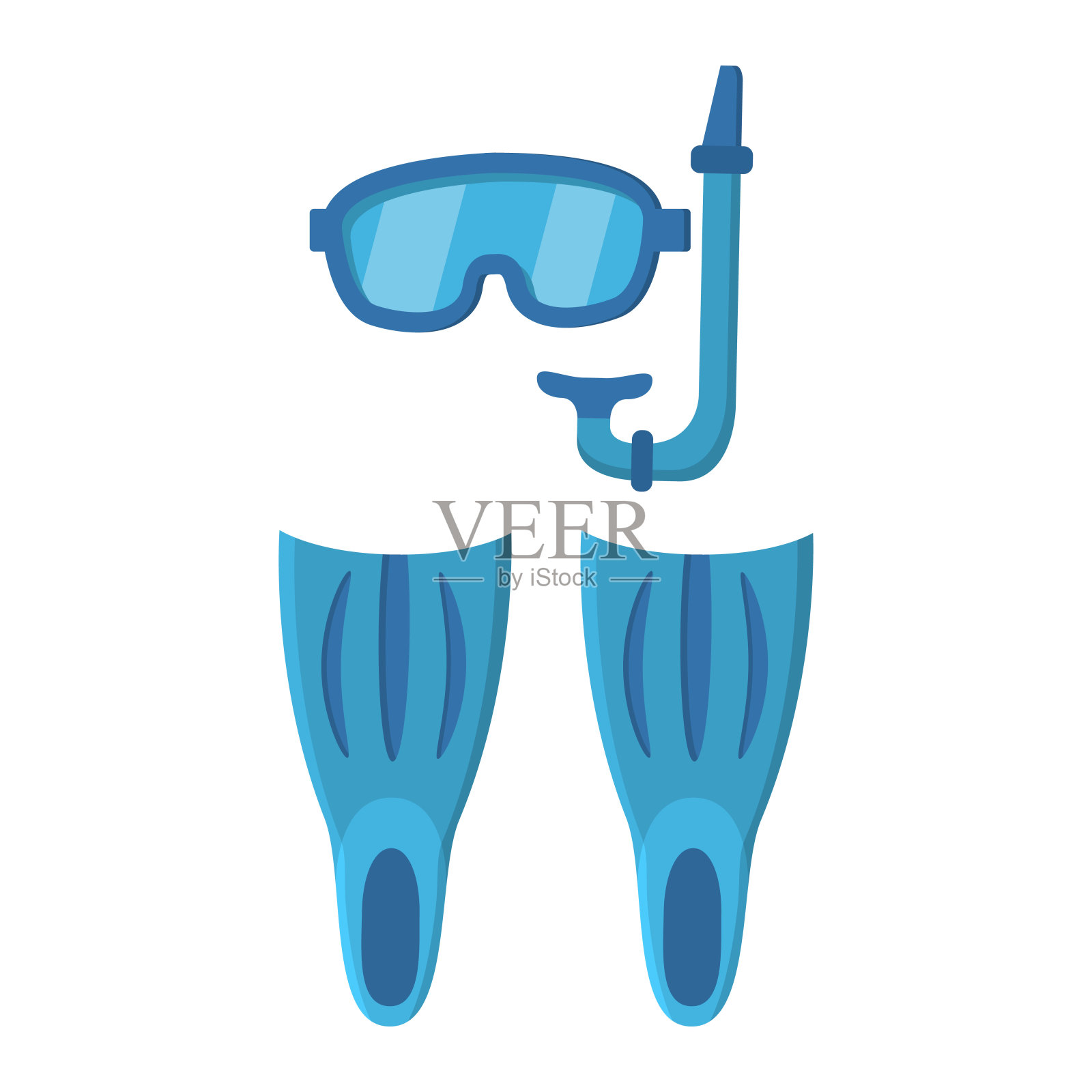 潜水面罩和潜水管，游泳设备，脚蹼隔离在白色背景。在水下游泳潜水。插画图片素材