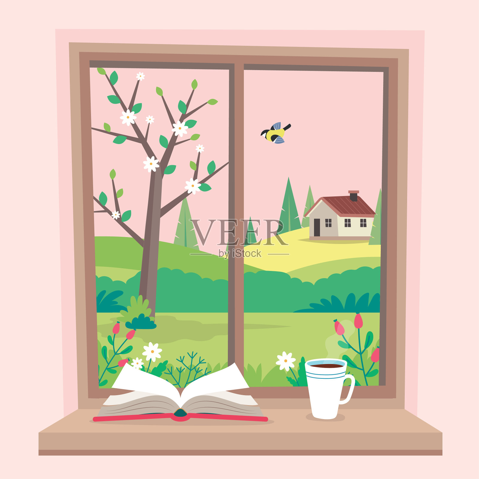 春天的窗口，一本书和一个咖啡杯插画图片素材