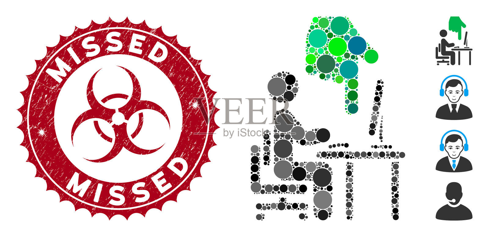 马赛克办公室使用图标与垃圾错过邮票插画图片素材