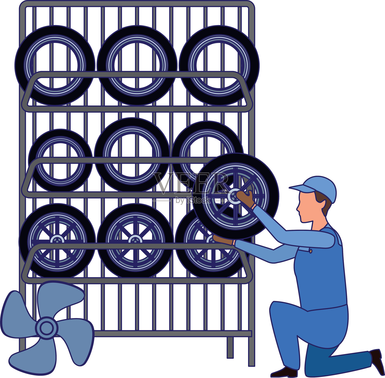汽车修理工拿着一个轮胎轮胎架插画图片素材