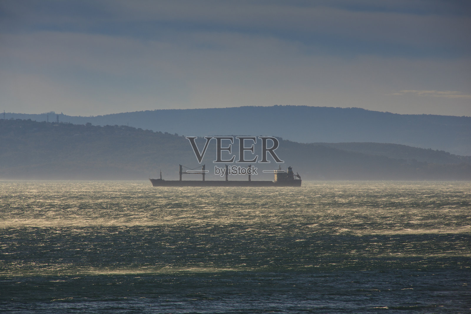 里雅斯特海上的国际集装箱货船照片摄影图片