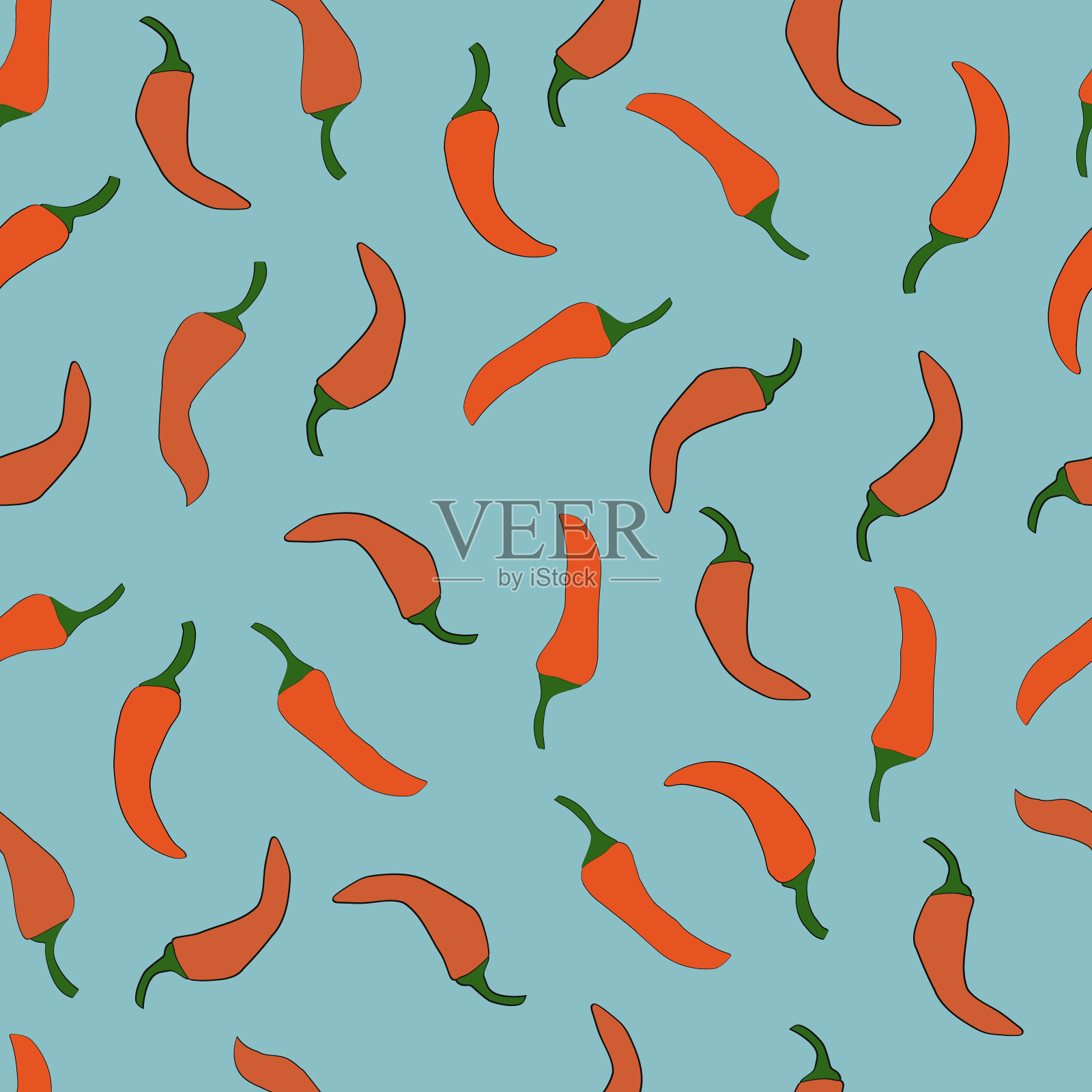 橙色辣椒上的蓝色背景无缝模式。用于织物、网、纸、印刷品、网站、墙纸。插画图片素材
