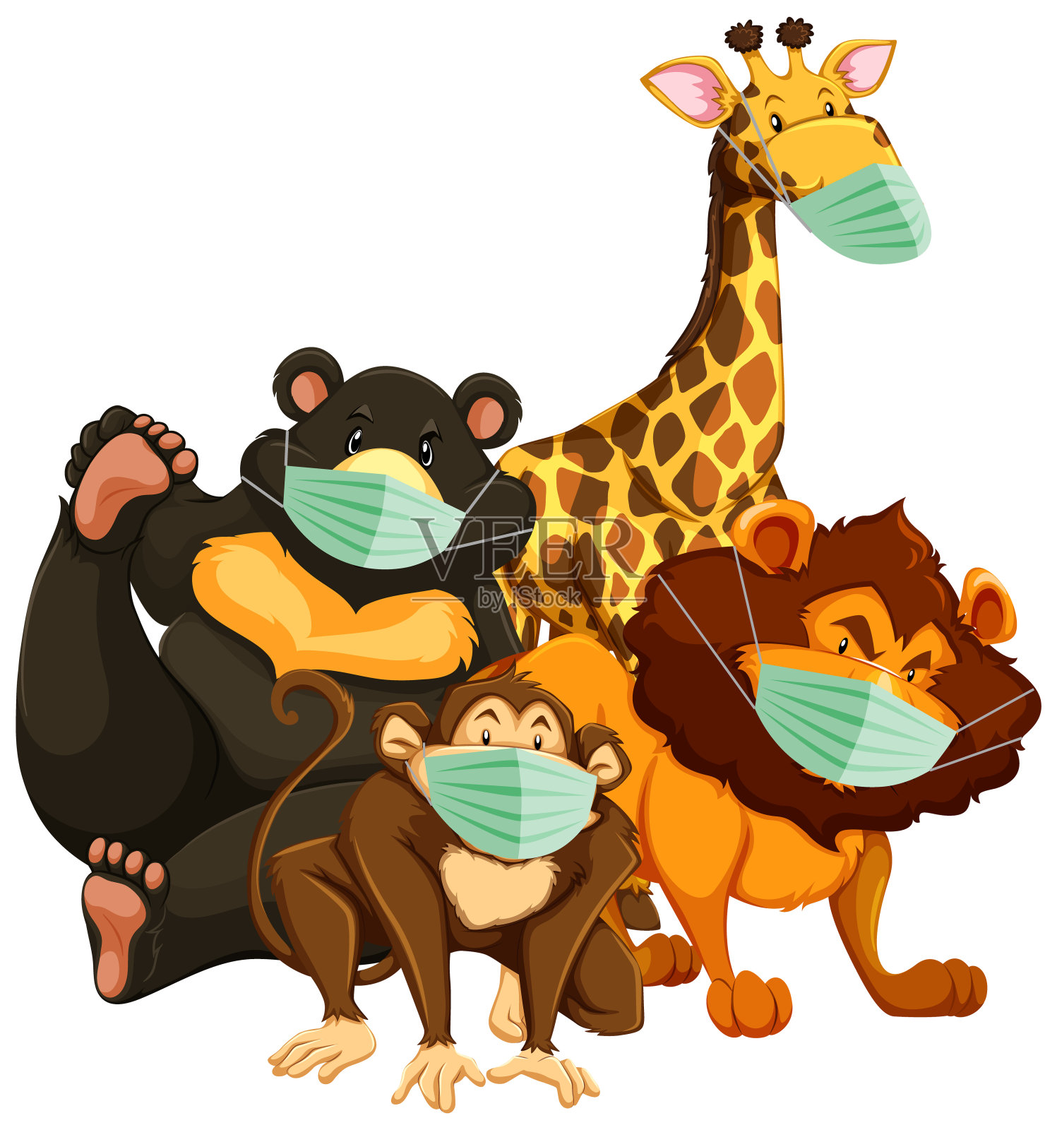 野生动物卡通人物戴着面具插画图片素材