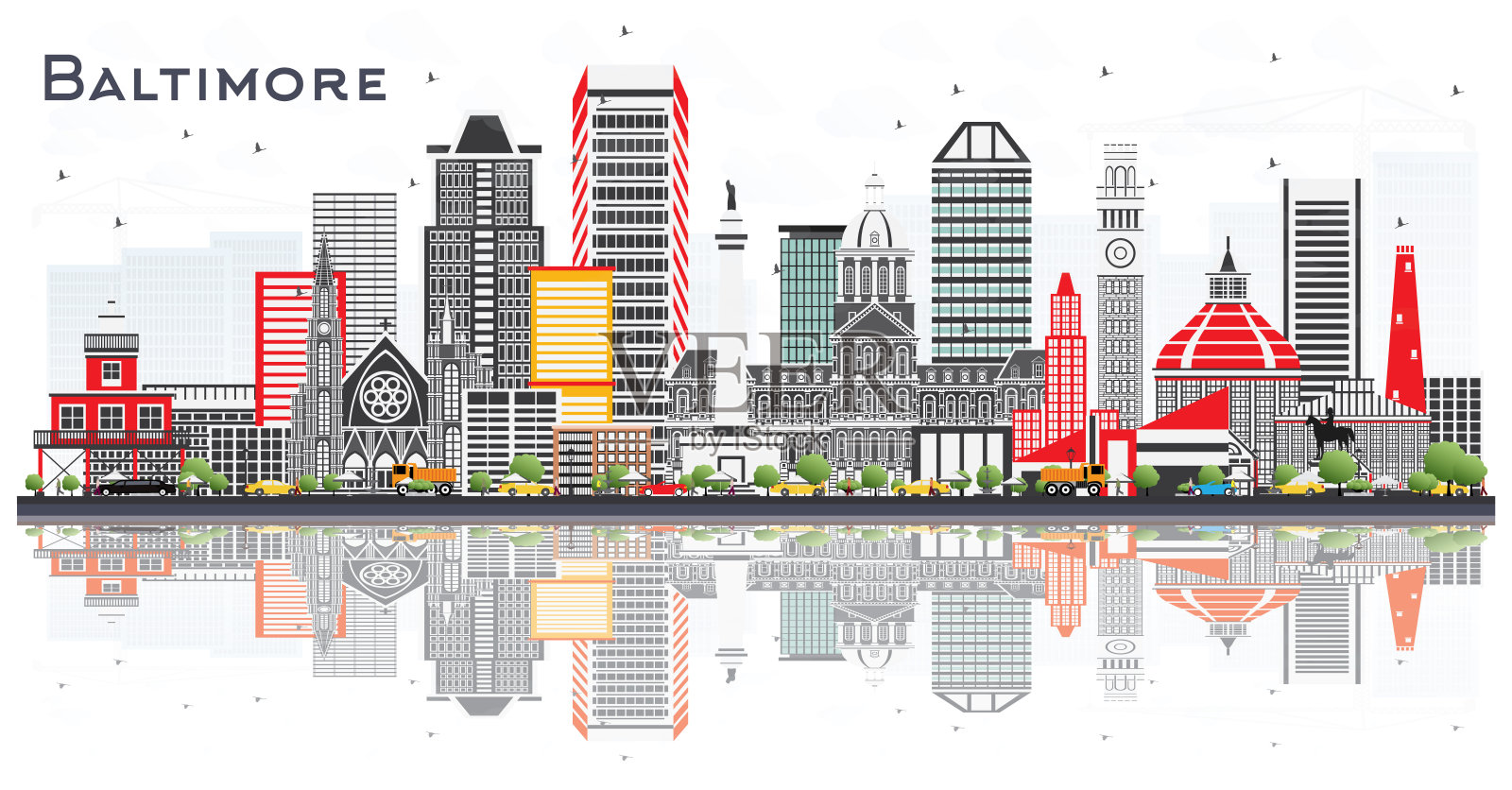 巴尔的摩马里兰州城市天际线与灰色的建筑物和反射孤立在白色。插画图片素材