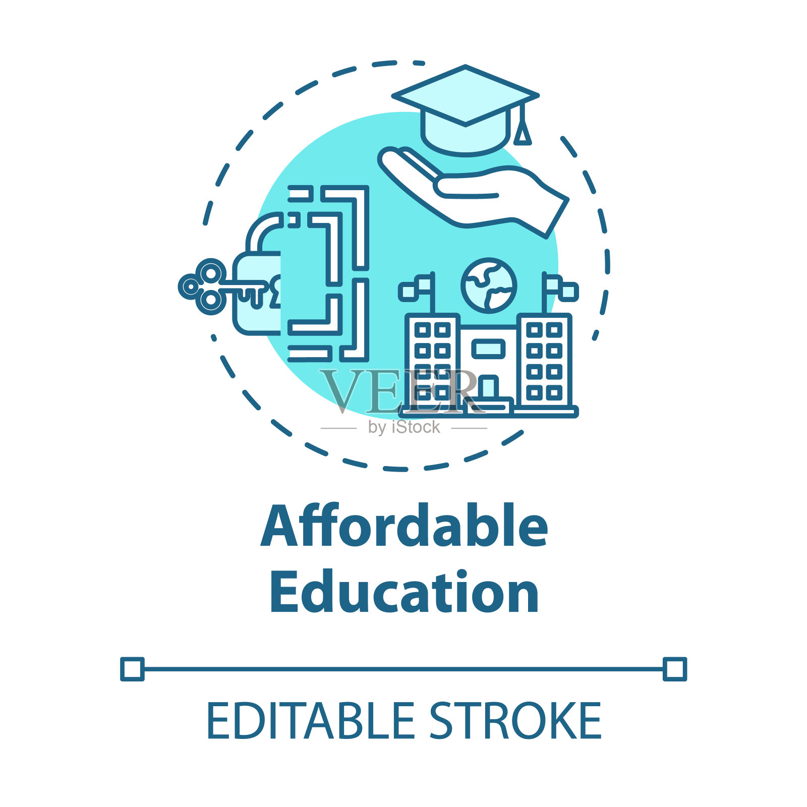 可负担的教育理念图标：学生贷款、廉价大学、奖学金、抵押贷款，知识理念细线插图，矢量孤立轮廓RGB颜色绘图，可编辑笔画插画图片素材
