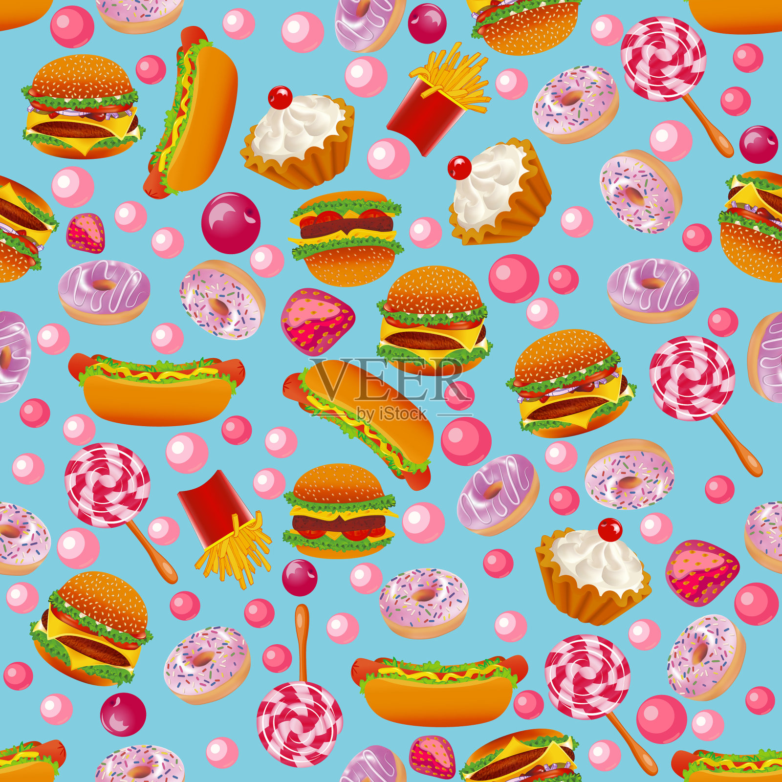 快餐与甜甜圈汉堡的无缝模式插画图片素材