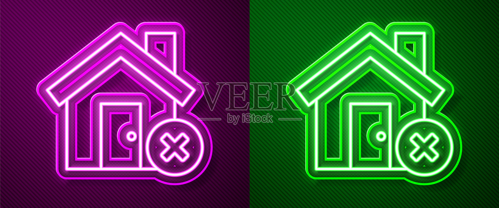 发光的霓虹灯线房子与错误的标志图标孤立在紫色和绿色的背景。Home和关闭，删除，删除符号。矢量图插画图片素材