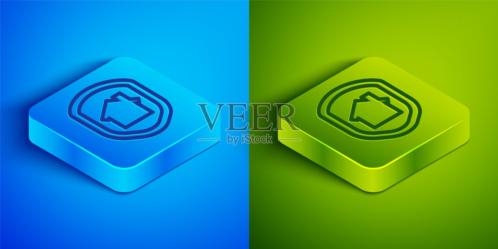 等距线保护下的房子图标隔离在蓝色和绿色背景。家和盾牌。保护、安全、保障、保护、防御的理念。方形按钮。矢量图图标素材