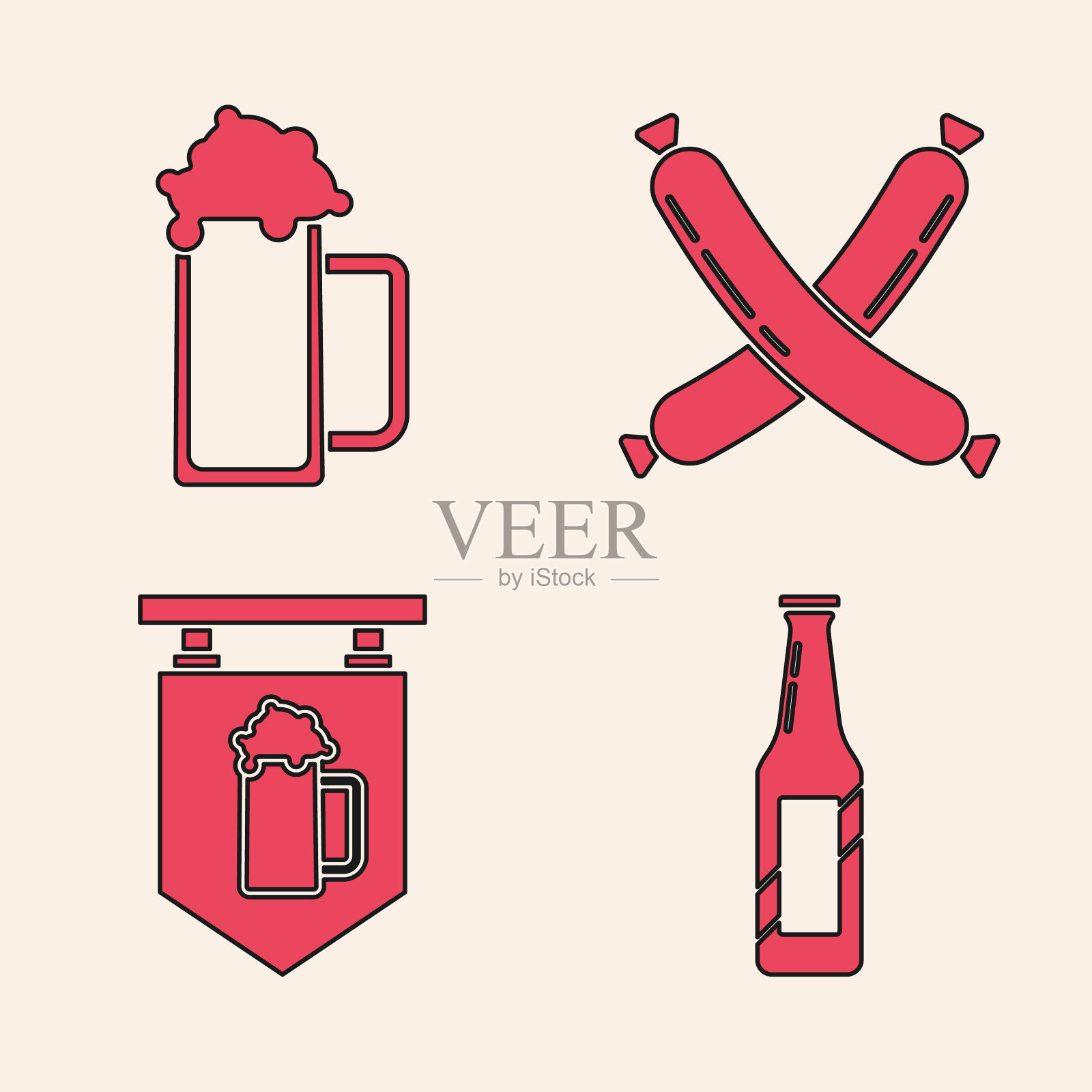 设啤酒瓶、啤酒杯、交叉香肠图标素材