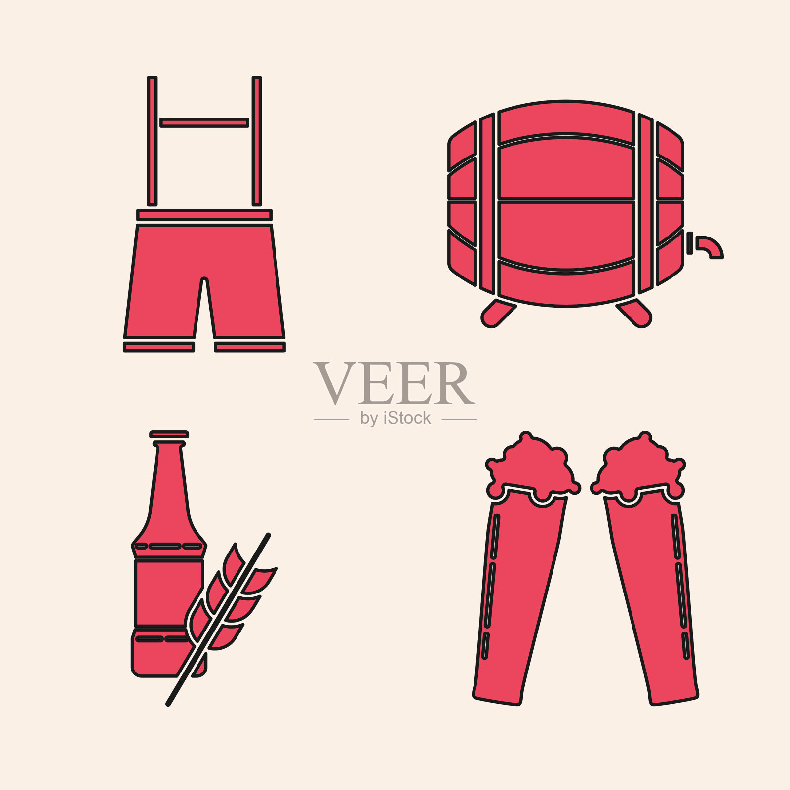 设置玻璃啤酒皮短裤木桶上图标素材