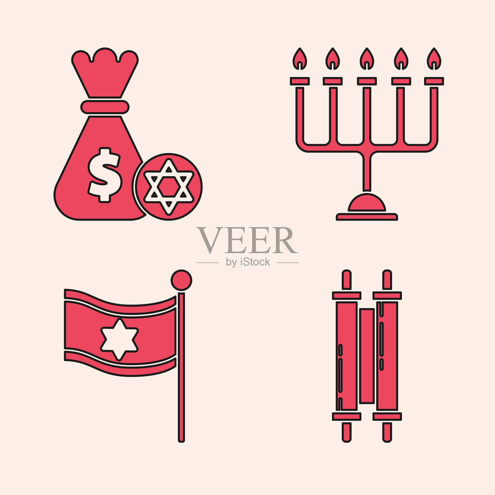 设律法卷轴犹太钱袋与星的图标素材