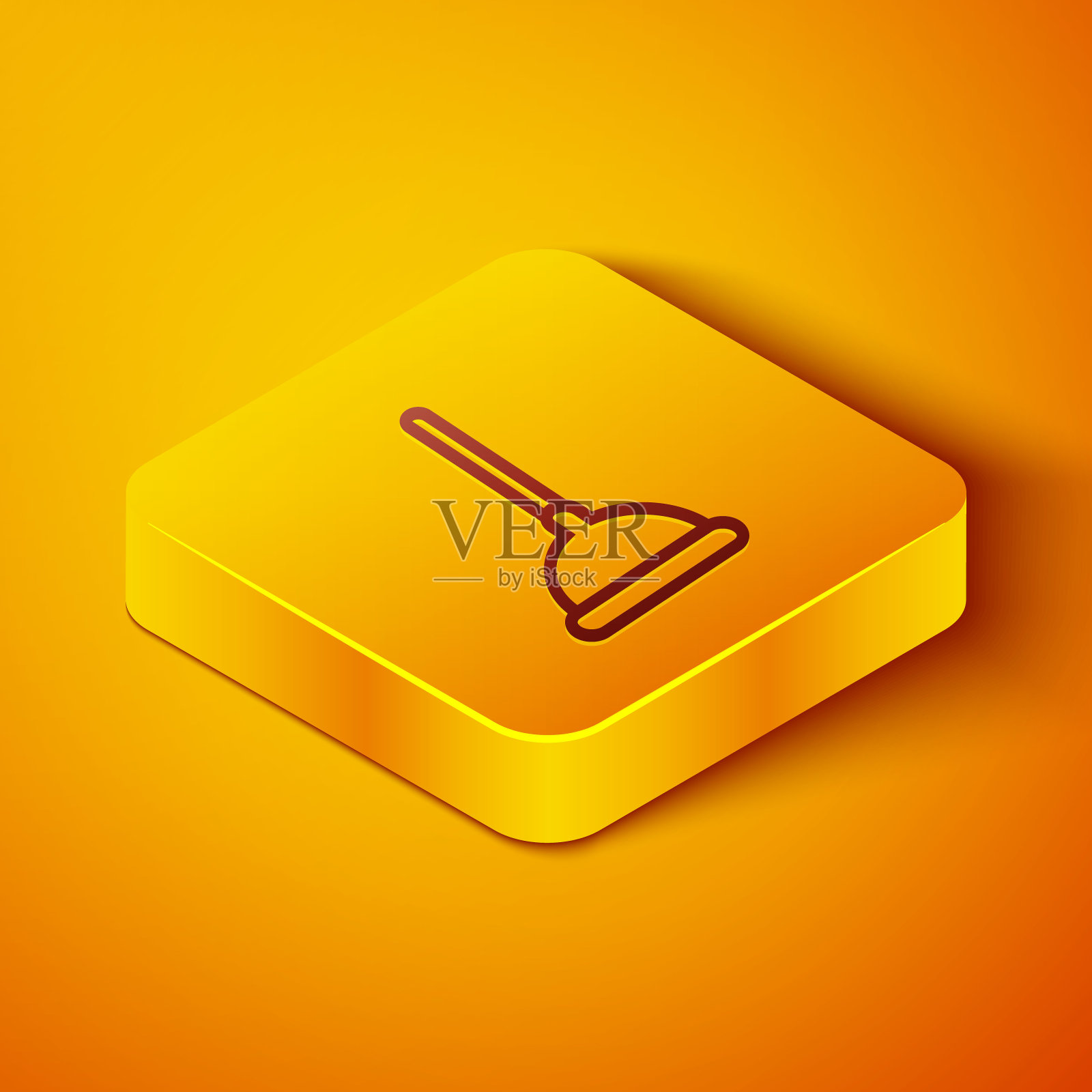 橡胶柱塞与木制手柄的管道清洗图标隔离在橙色背景。刷马桶的刷子。黄色正方形按钮。矢量图图标素材