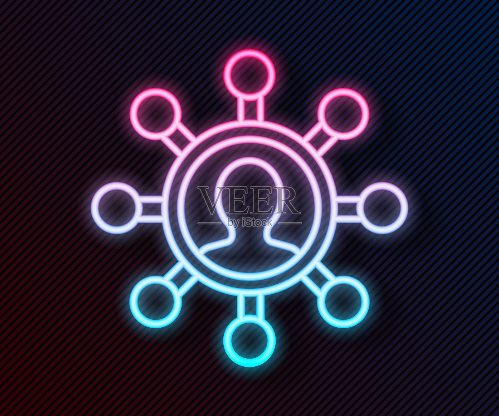 发光的霓虹灯线商业网络和通信图标孤立在黑色背景。强大的网络营销、影响力和领导力。矢量图插画图片素材