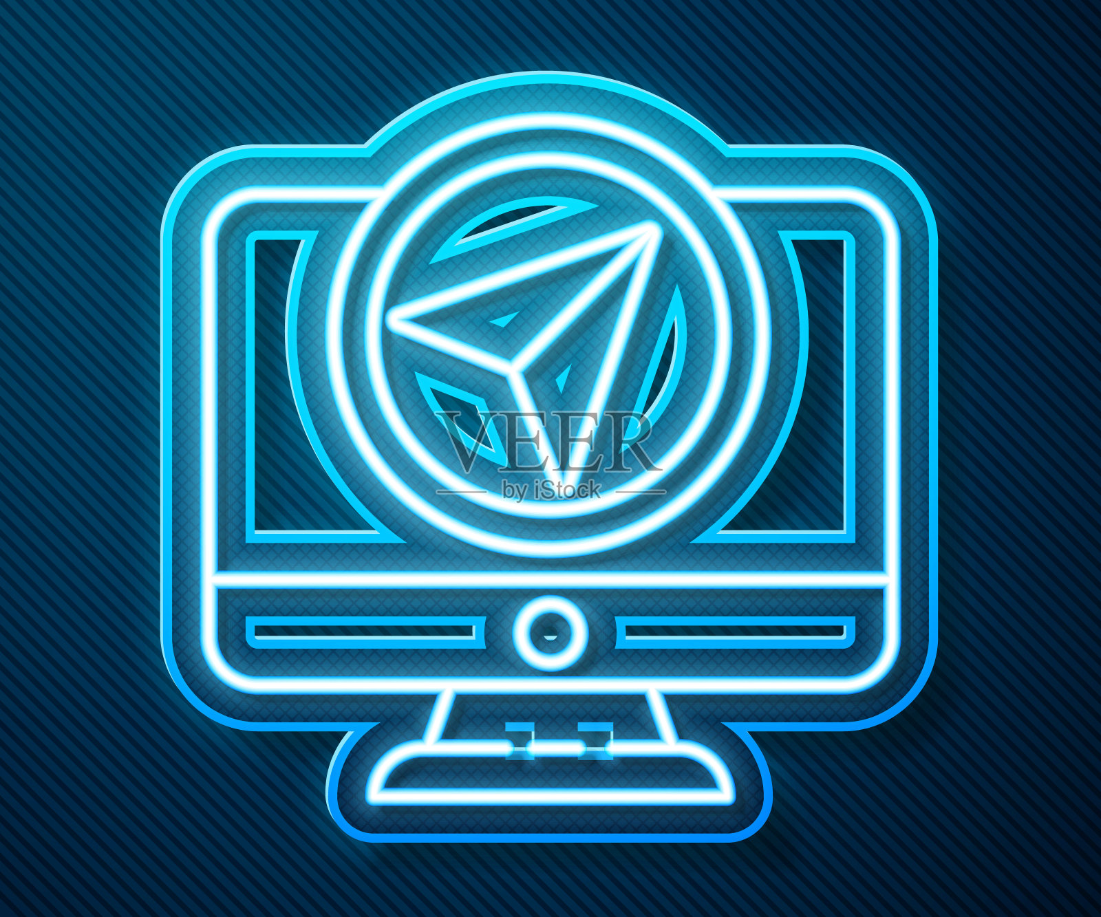 发光的霓虹灯线计算机显示器和折叠地图与位置标记图标隔离在蓝色背景。矢量图插画图片素材