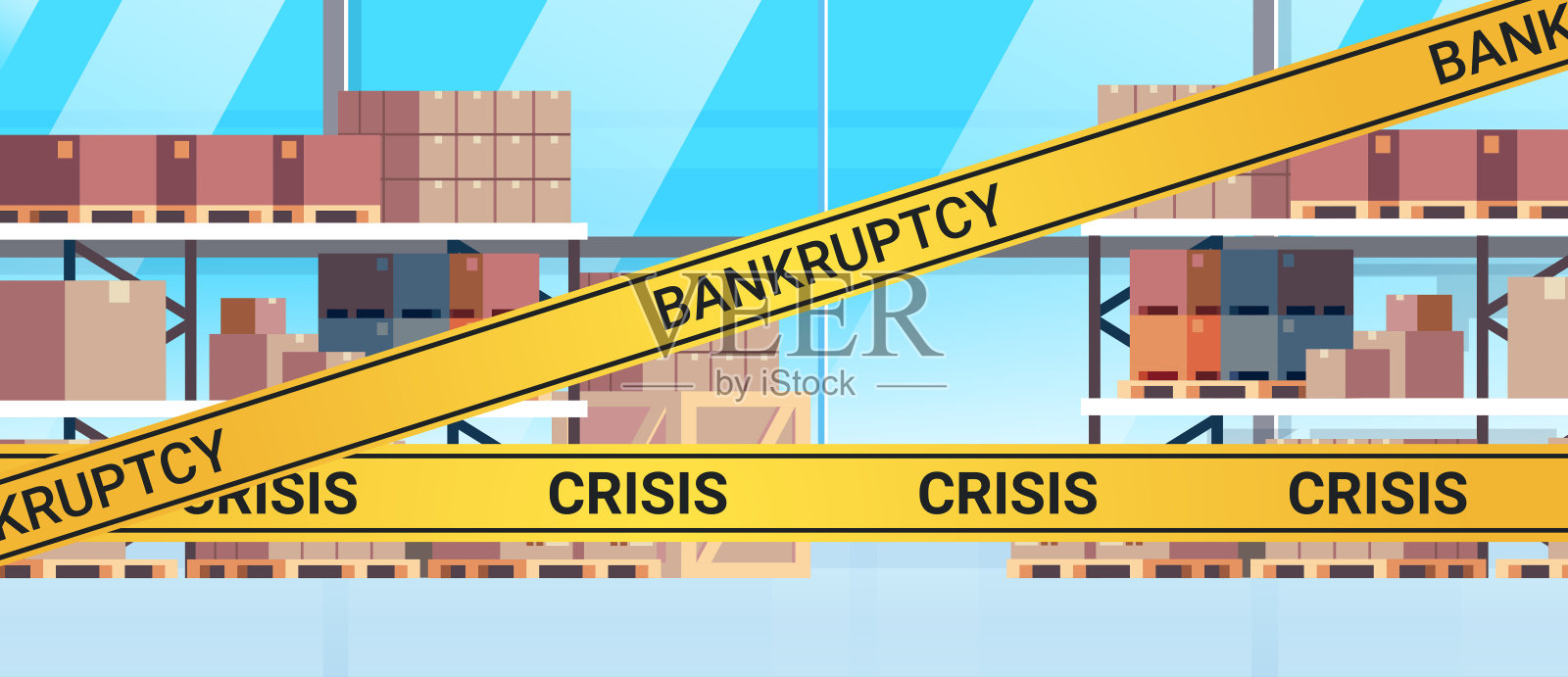 空无一人的仓库堆满了黄色的货物，带着破产危机的胶带插画图片素材