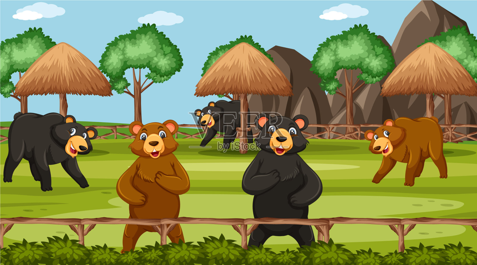 白天动物园里野生动物的场景插画图片素材