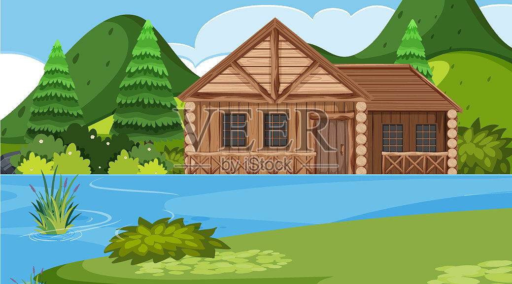 田野里的木屋插画图片素材