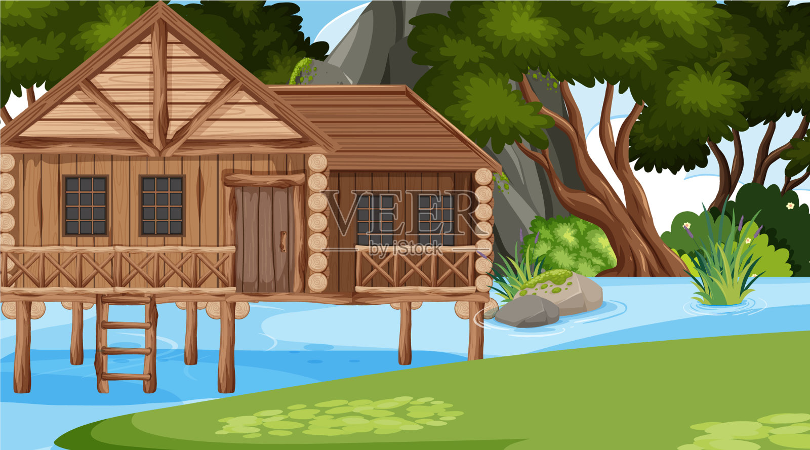 田野里的木屋插画图片素材