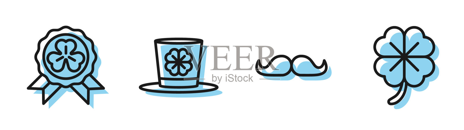 设置线胡子奖章与四叶三叶草插画图片素材