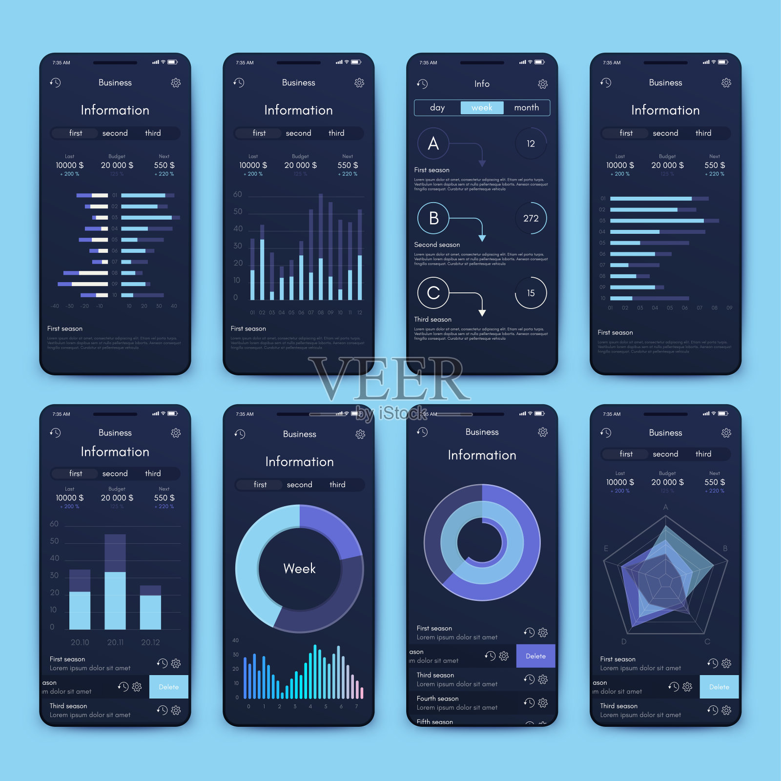 商业手册的现代信息图表向量元素。用于网站，公司宣传册，广告和市场营销。饼图，折线图，条形图和时间线。插画图片素材