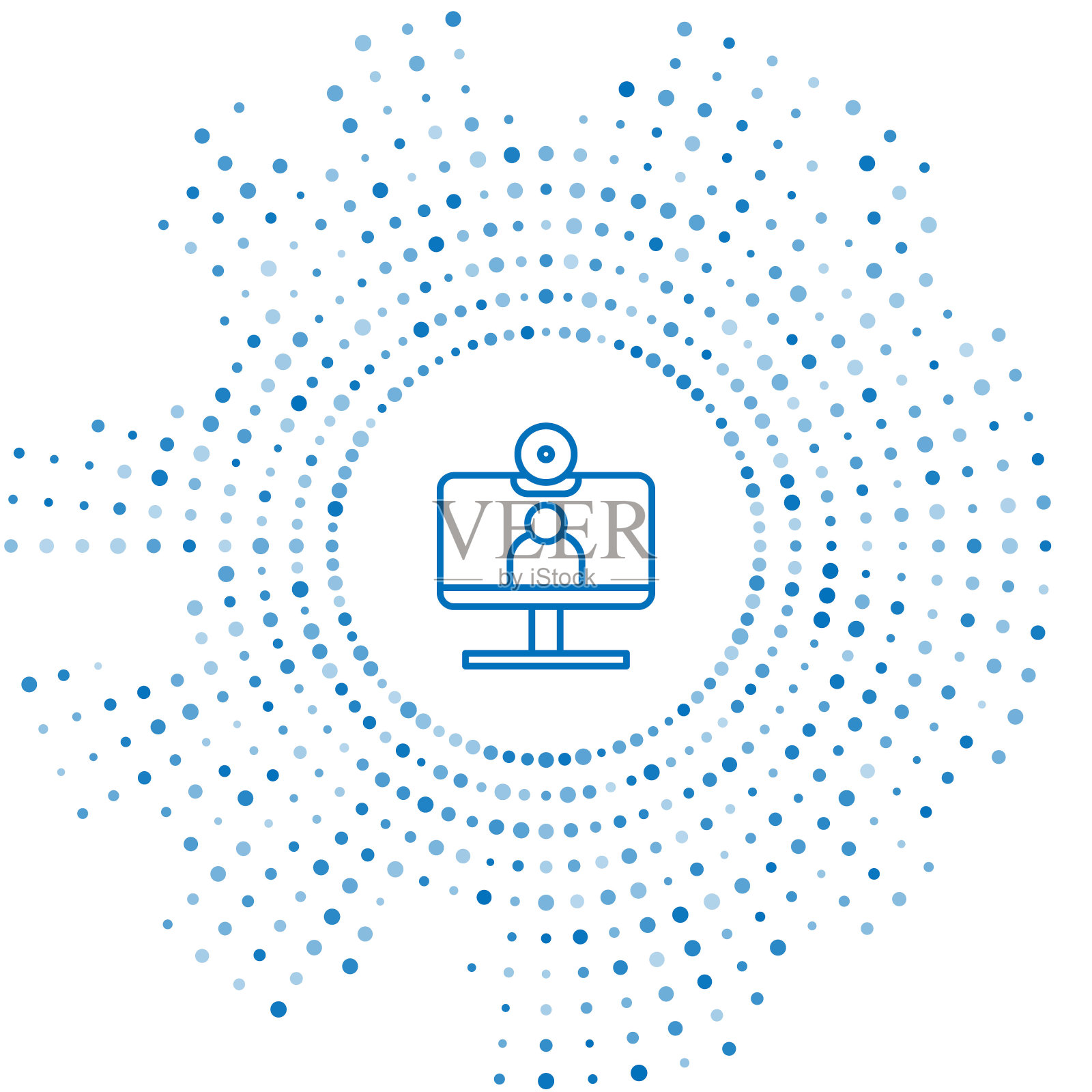 蓝线视频聊天会议图标，白色背景。计算机与视频聊天界面上的活动会话屏幕。抽象的圆随机点。矢量图插画图片素材