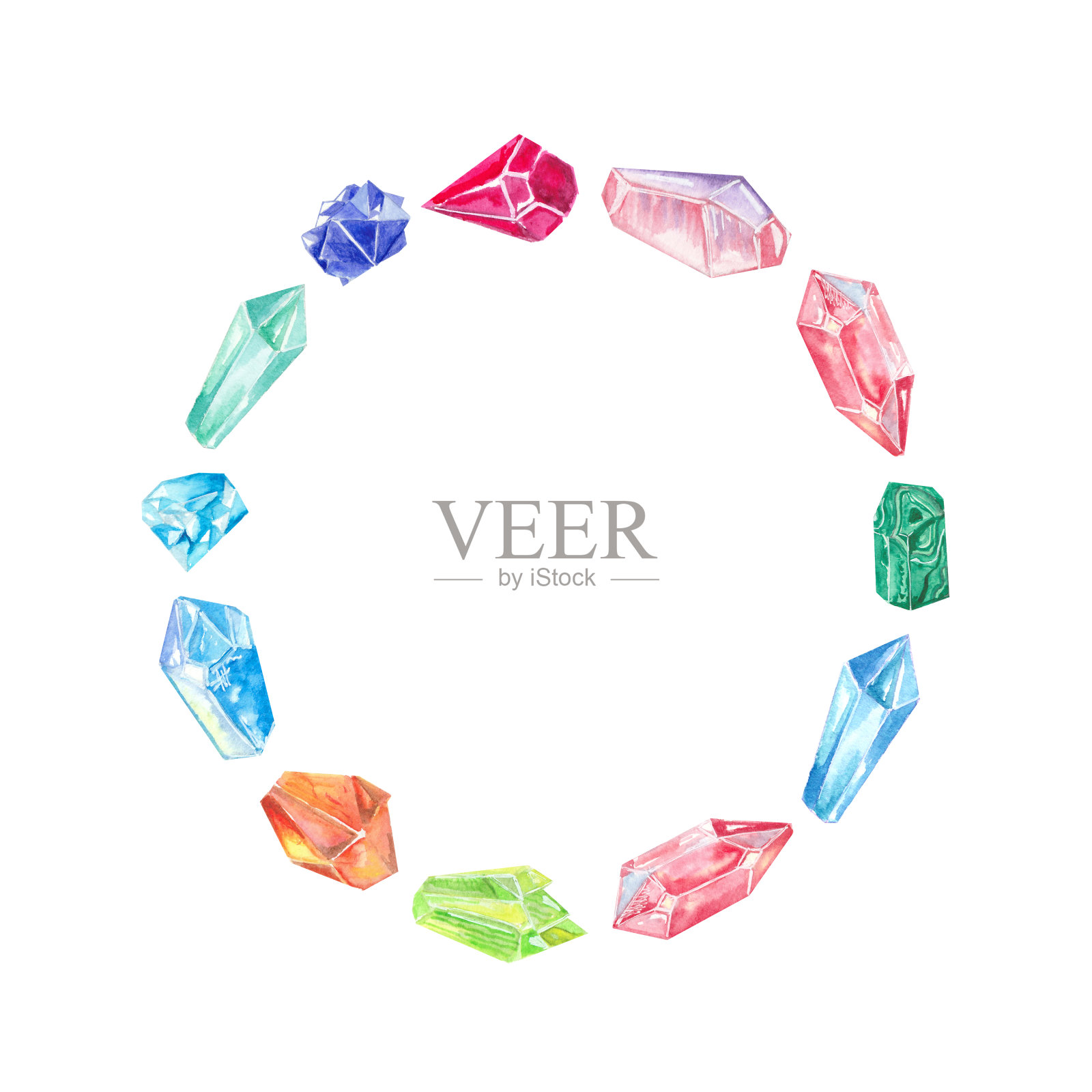 水彩彩色晶体和宝石在圆圈。插画图片素材