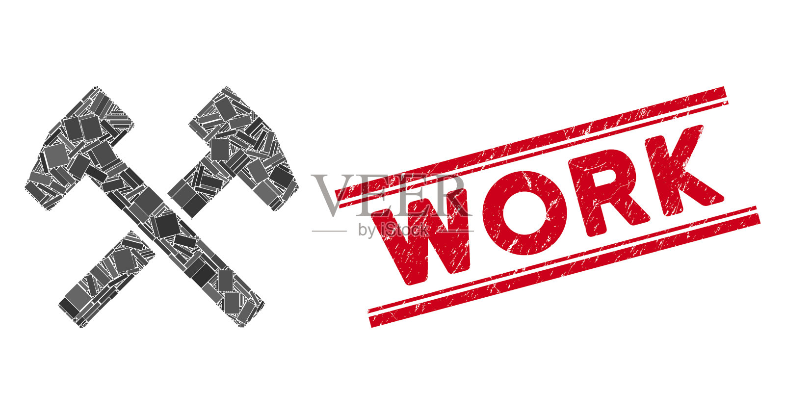 工作锤马赛克和擦伤工作印章印章插画图片素材