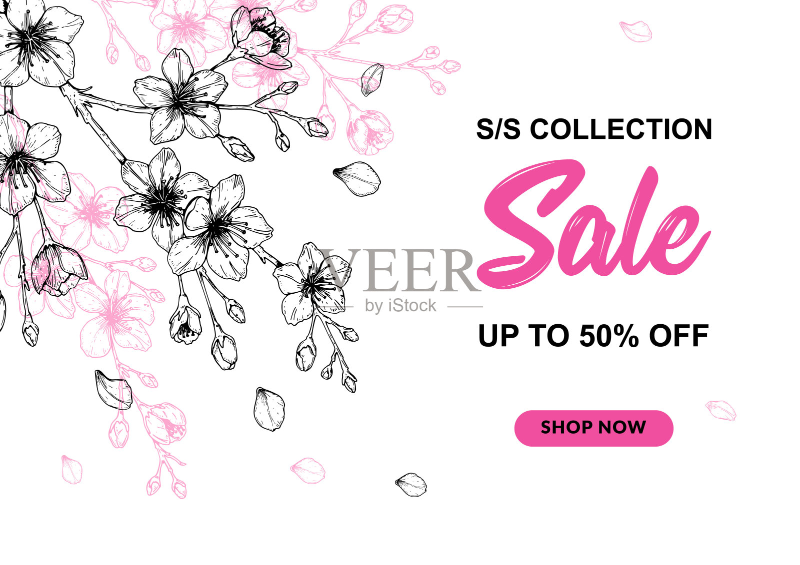 水平设计与手绘的春天樱花素描风格。春季/夏季特价横幅。文本的地方设计模板素材