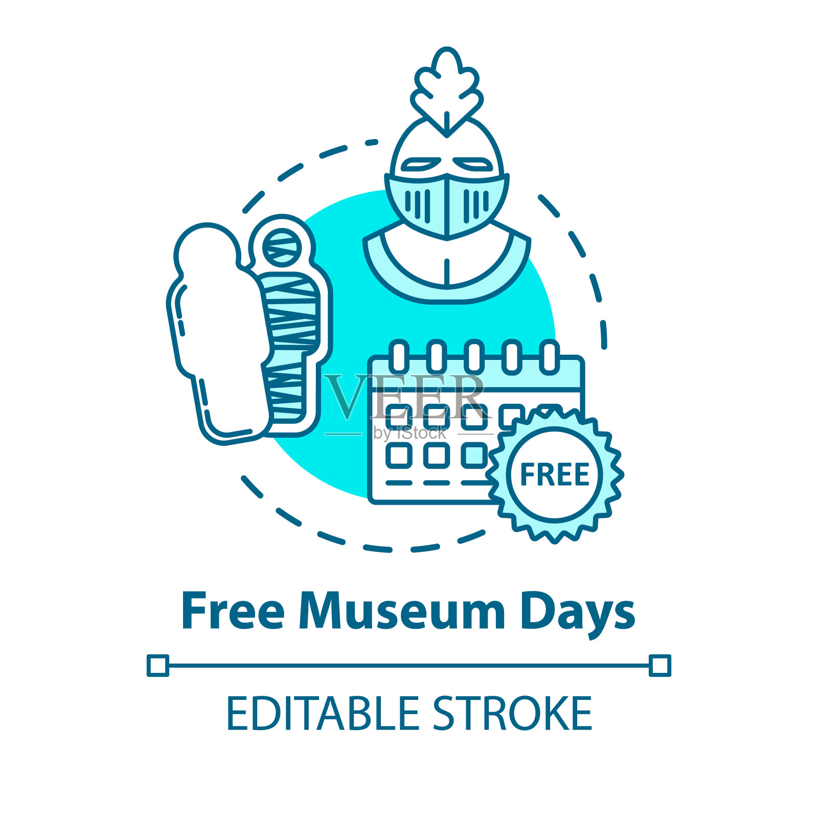 免费博物馆日概念图标。门票优惠，便宜的导游构想细线插图。预算旅游消遣。矢量隔离轮廓RGB彩色绘图。可编辑的中风插画图片素材