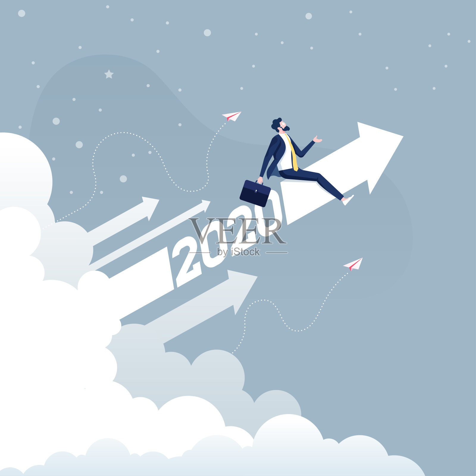 商人骑2020箭头向上的商业概念插画图片素材