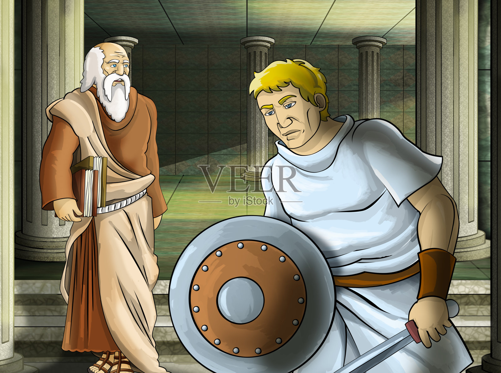 卡通场景与罗马或希腊战士-古代人物附近的一些古老的建筑，如神庙插画图片素材