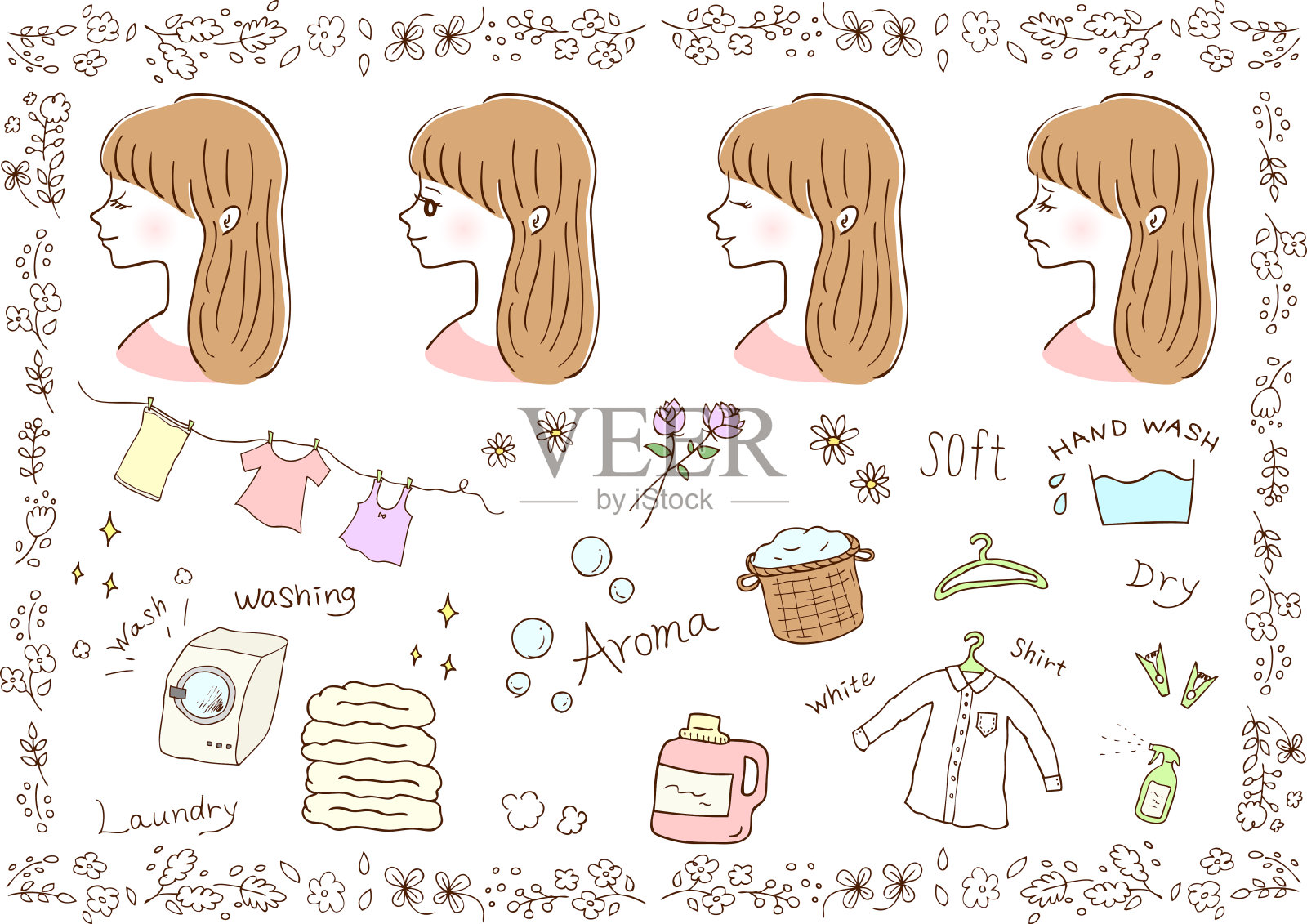 洗衣图标和女人的简介插画图片素材